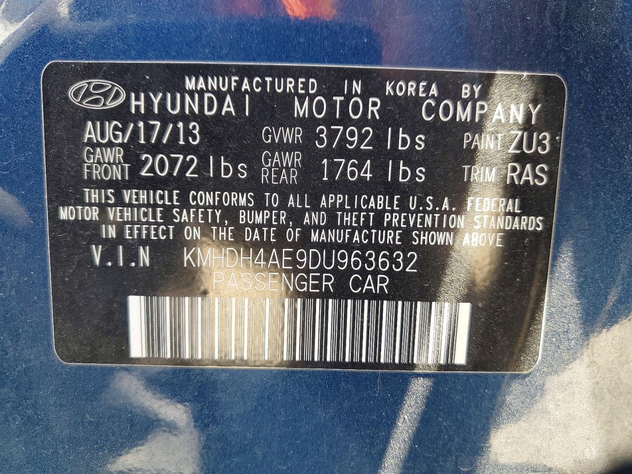 2013 Hyundai Elantra Limited Blue vin: KMHDH4AE9DU963632