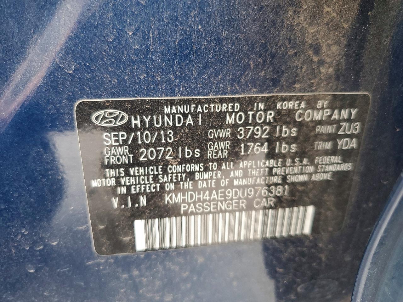 2013 Hyundai Elantra Limited Blue vin: KMHDH4AE9DU976381