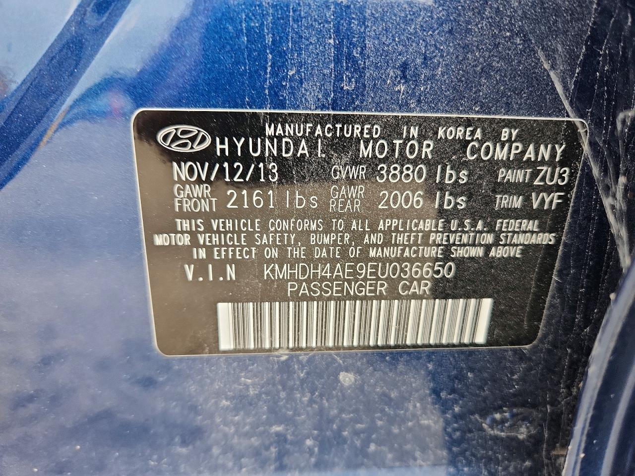 2014 Hyundai Elantra Limited Blue vin: KMHDH4AE9EU036650