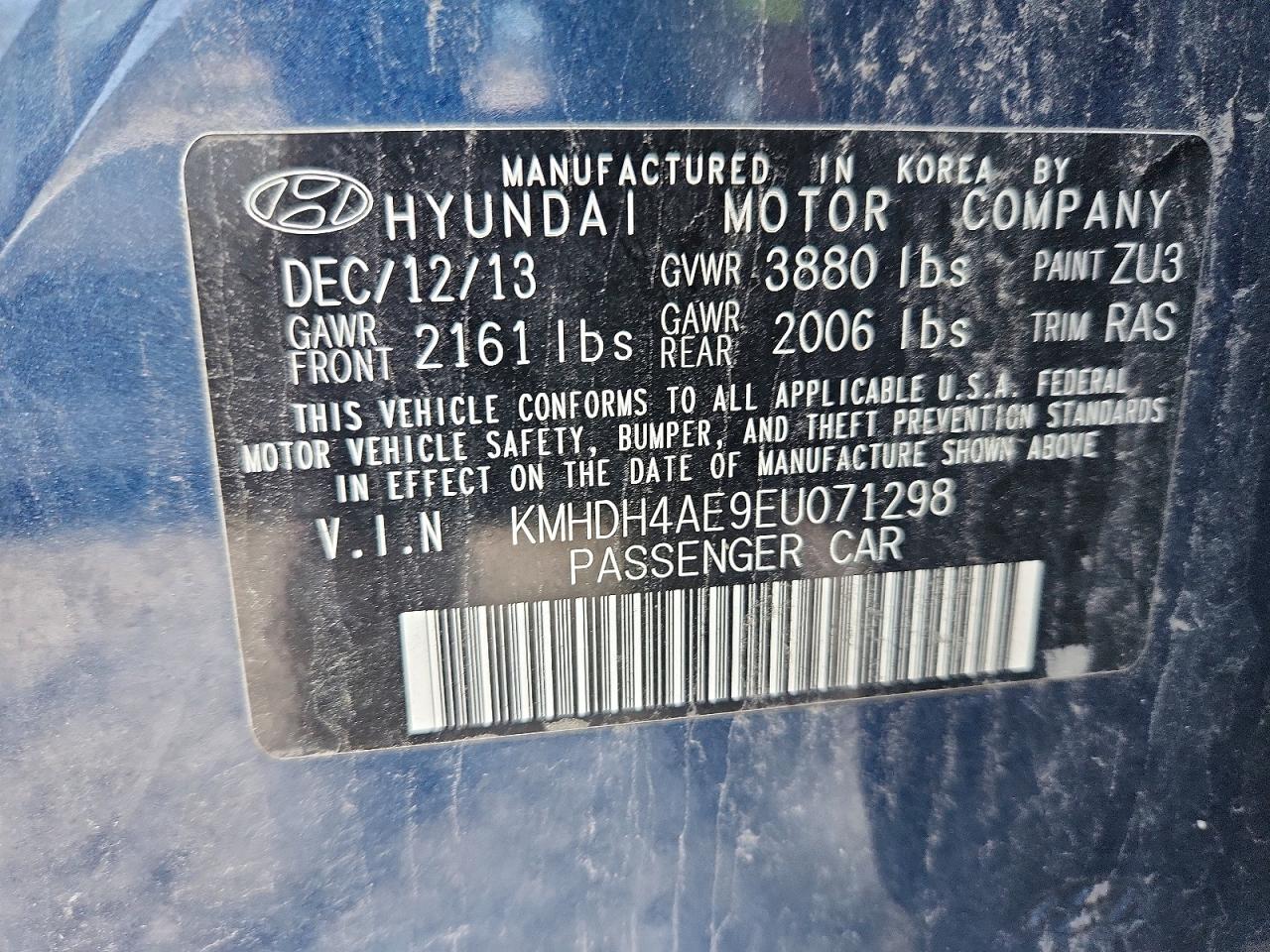 2014 Hyundai Elantra Limited Blue vin: KMHDH4AE9EU071298
