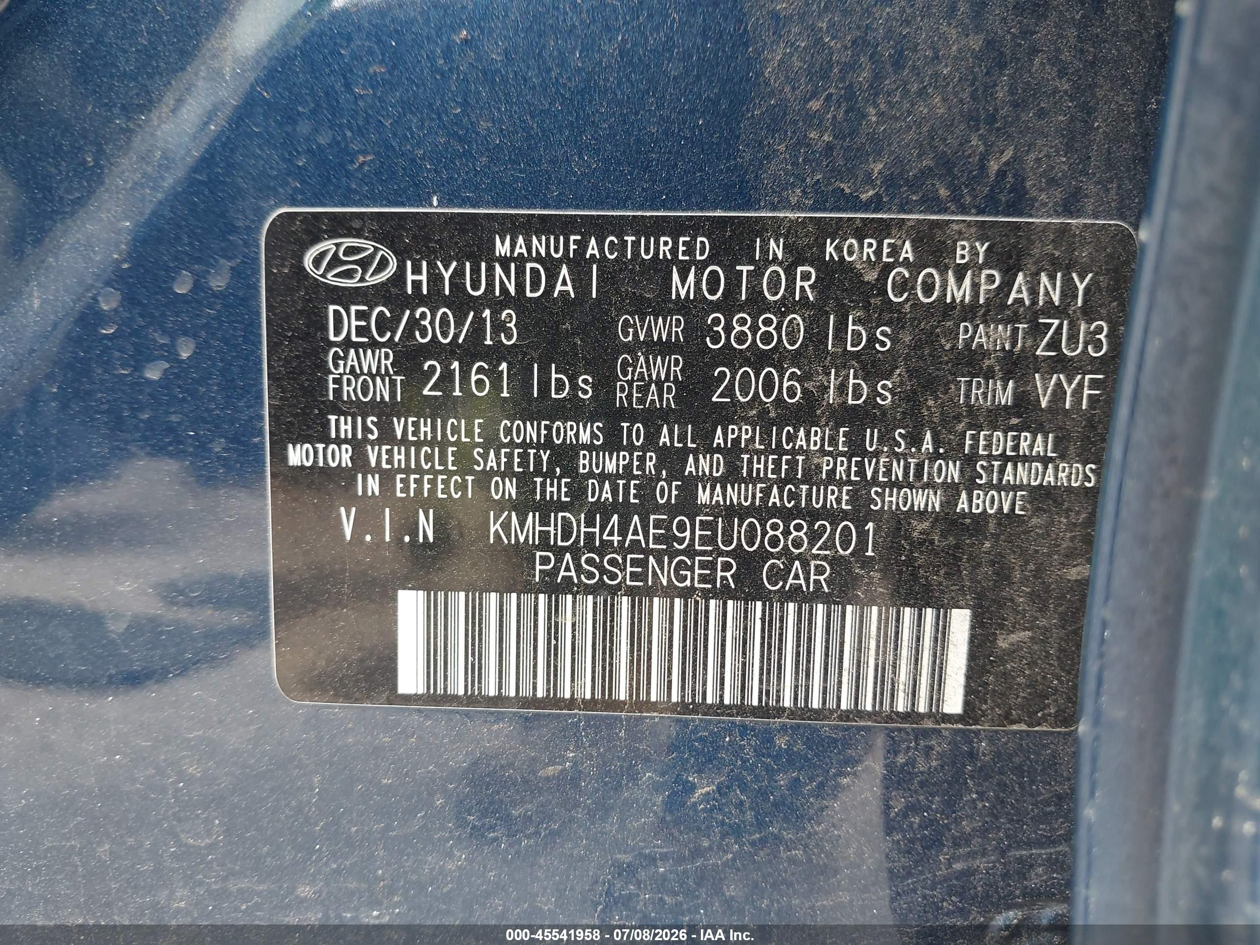 2014 Hyundai Elantra Se Blue vin: KMHDH4AE9EU088201
