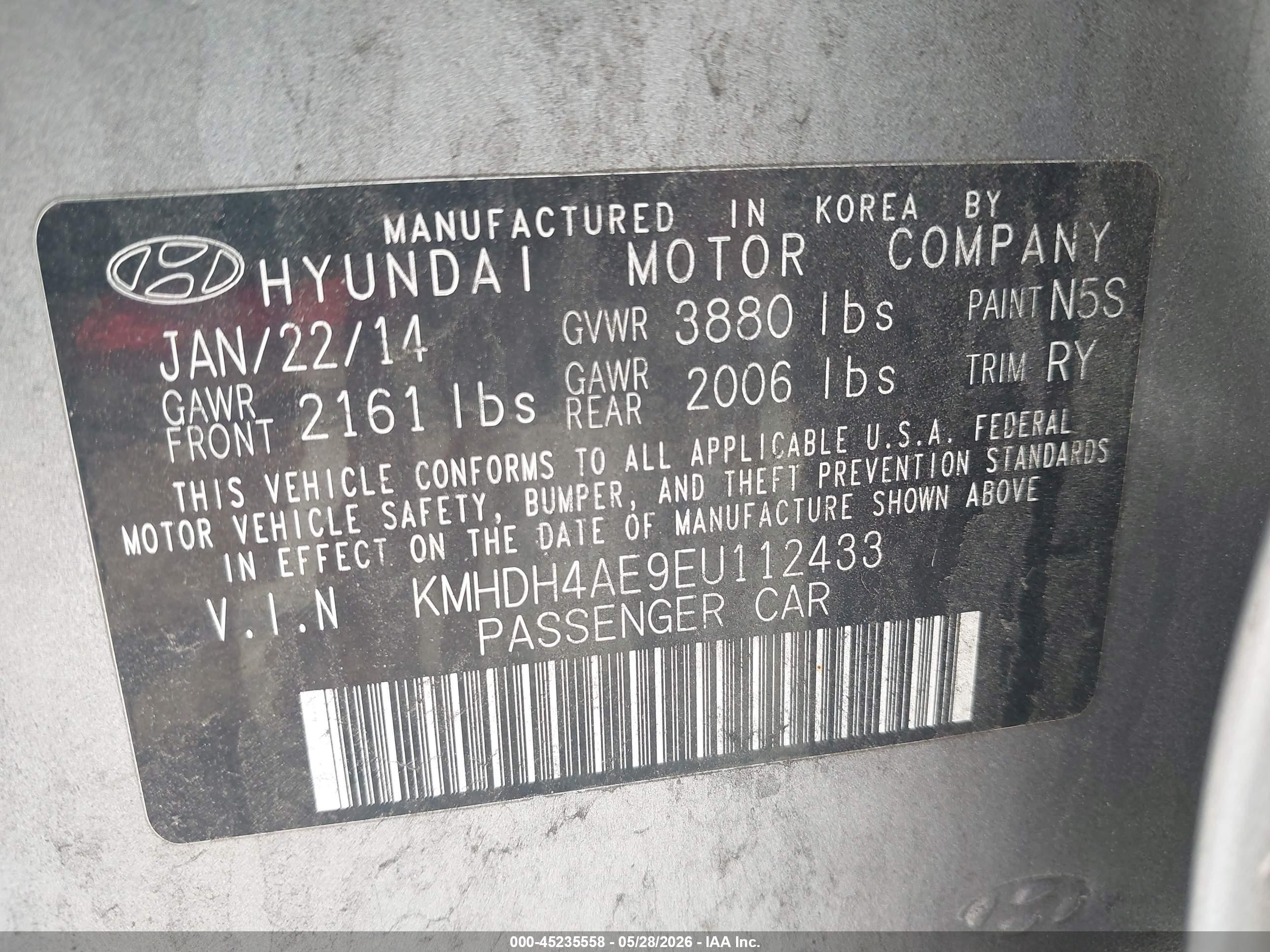 2014 Hyundai Elantra Limited Серый vin: KMHDH4AE9EU112433