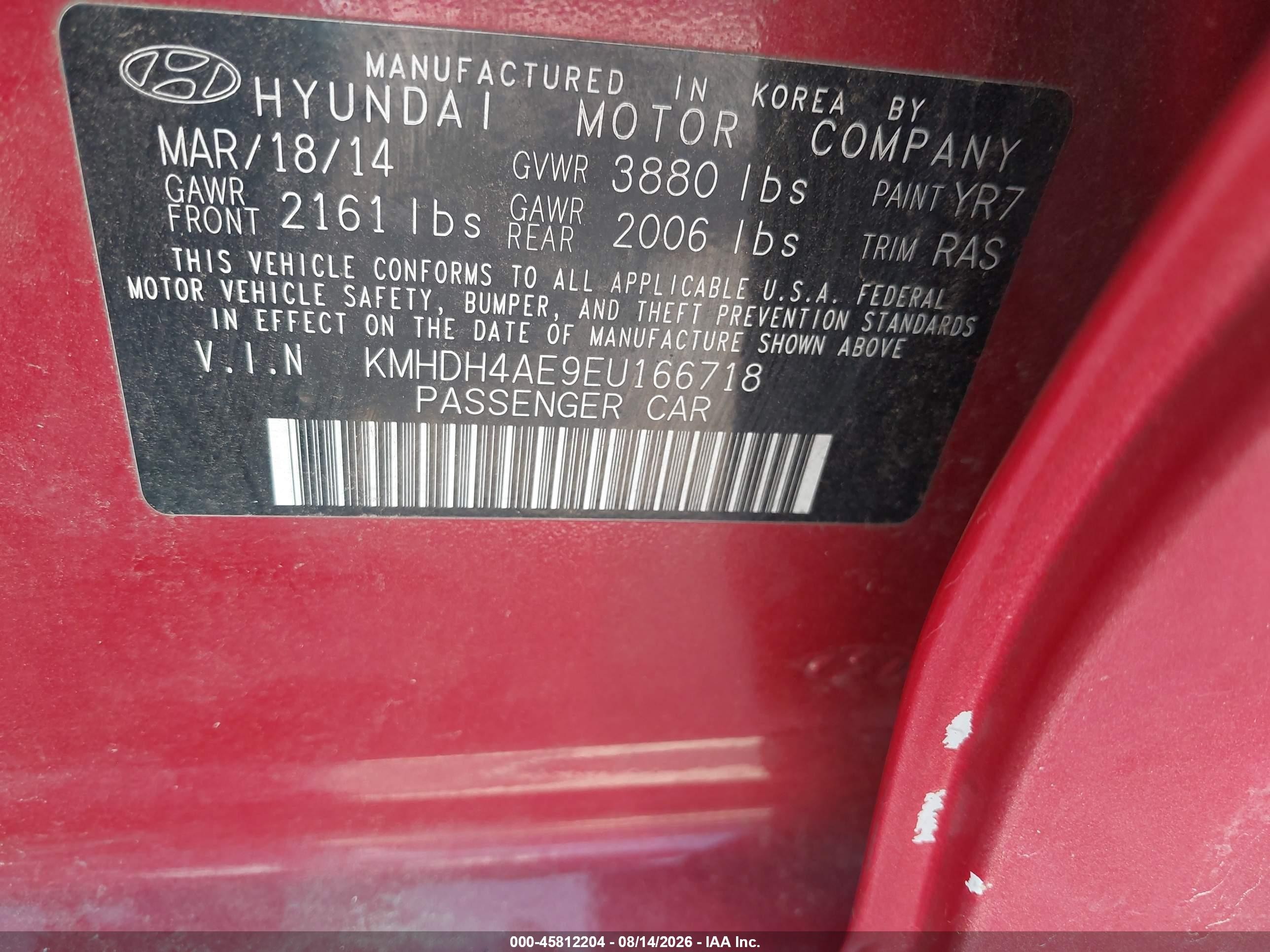 2014 Hyundai Elantra Se Red vin: KMHDH4AE9EU166718