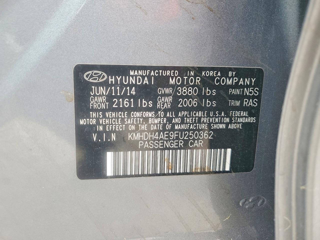 2015 Hyundai Elantra Se Gray vin: KMHDH4AE9FU250362