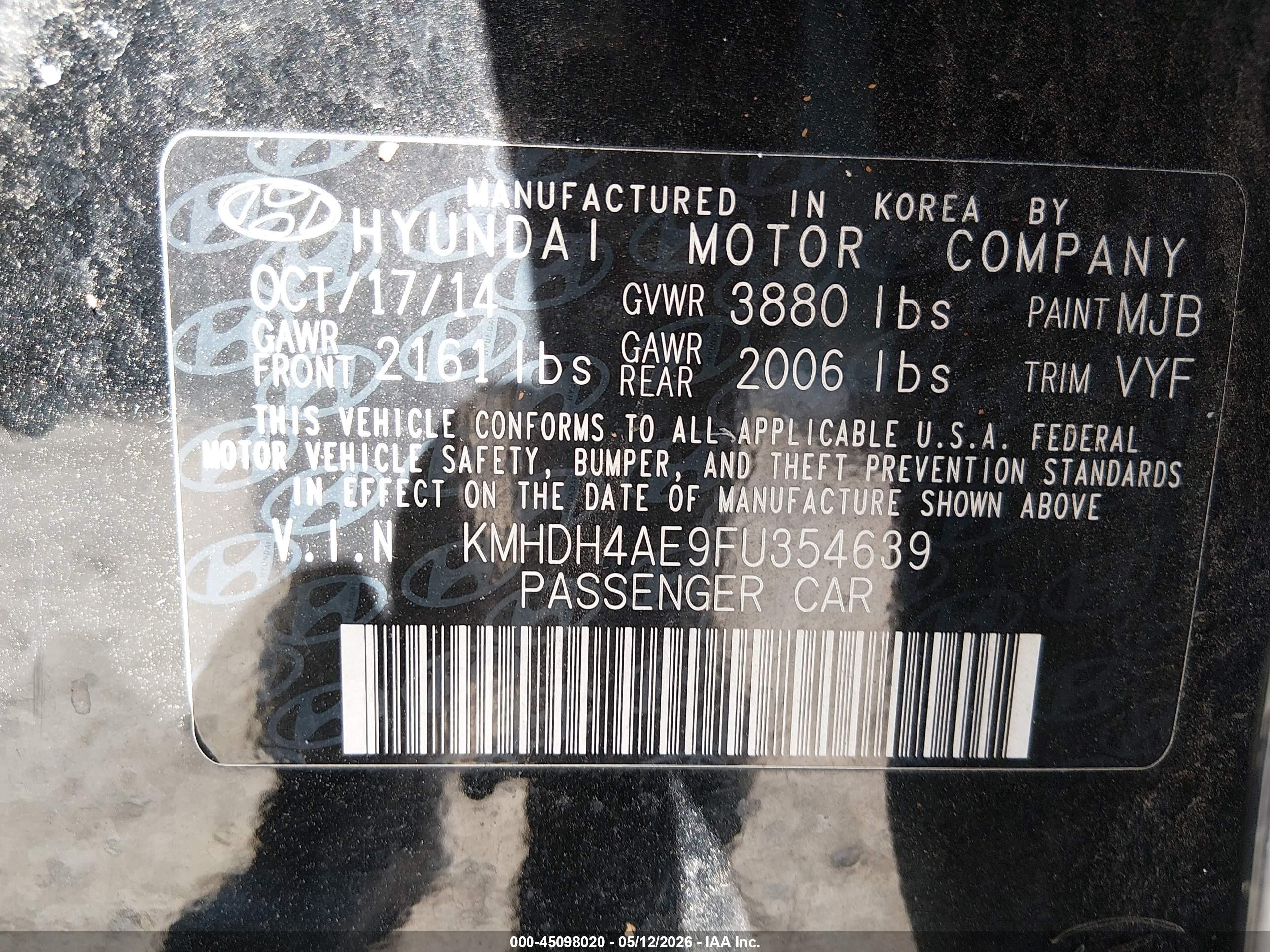 2015 Hyundai Elantra Se Black vin: KMHDH4AE9FU354639