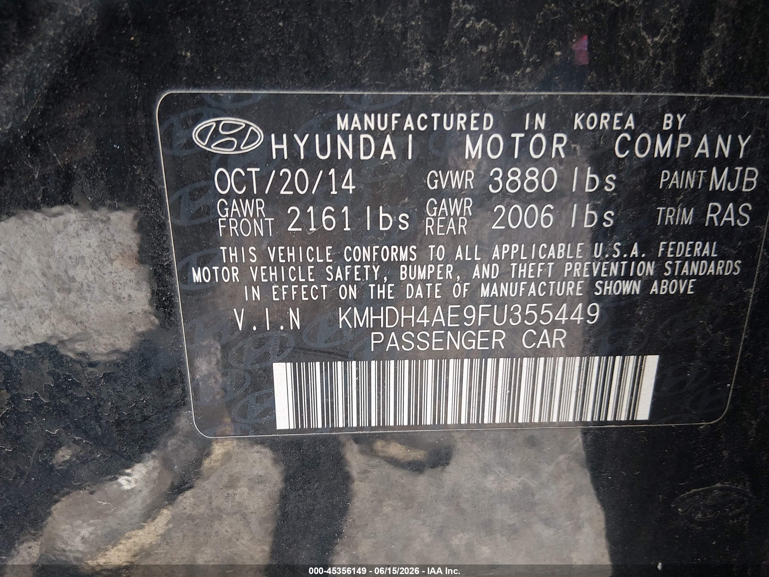 2015 Hyundai Elantra Se Black vin: KMHDH4AE9FU355449