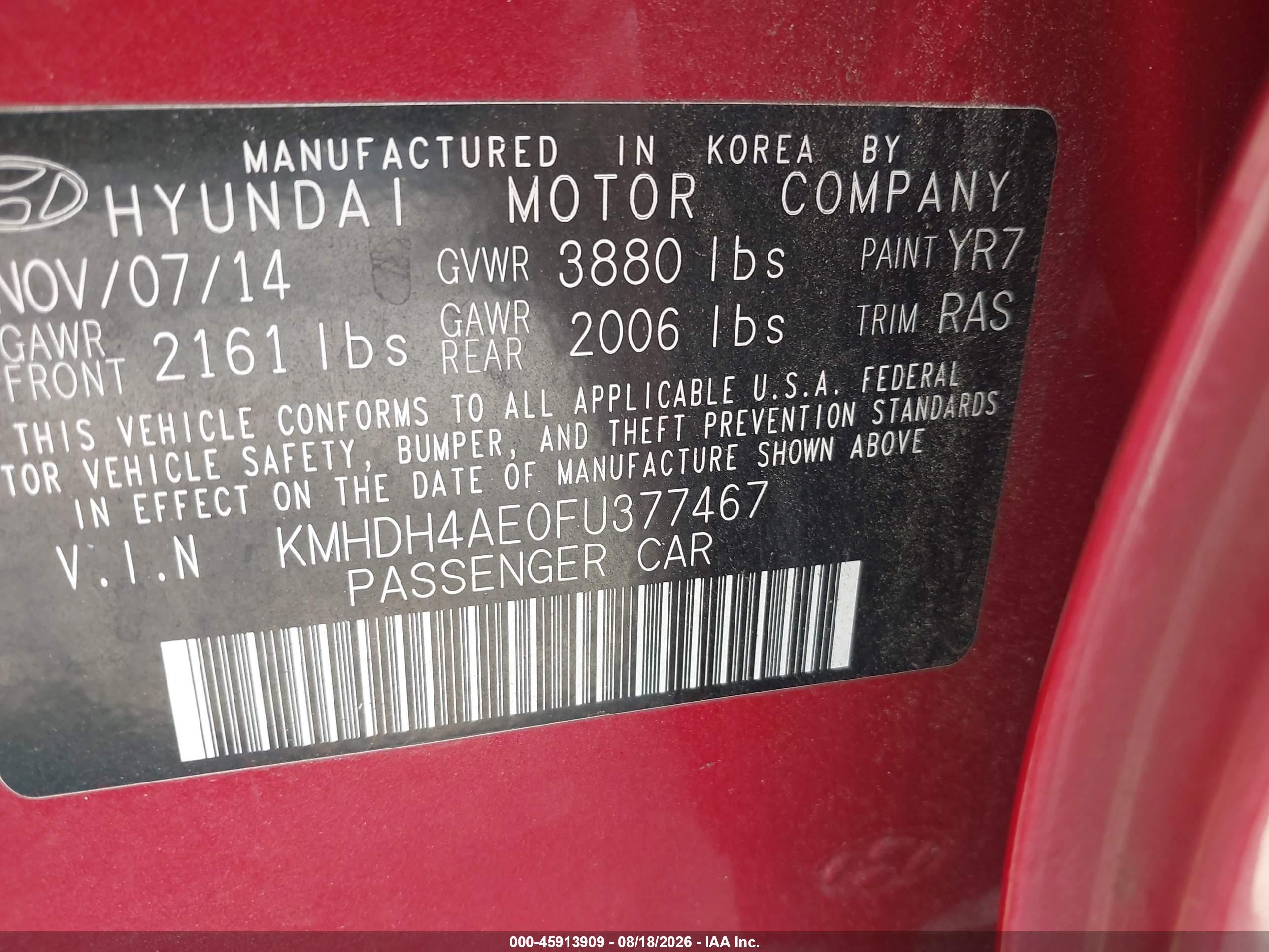 2015 Hyundai Elantra Se Red vin: KMHDH4AE0FU377467