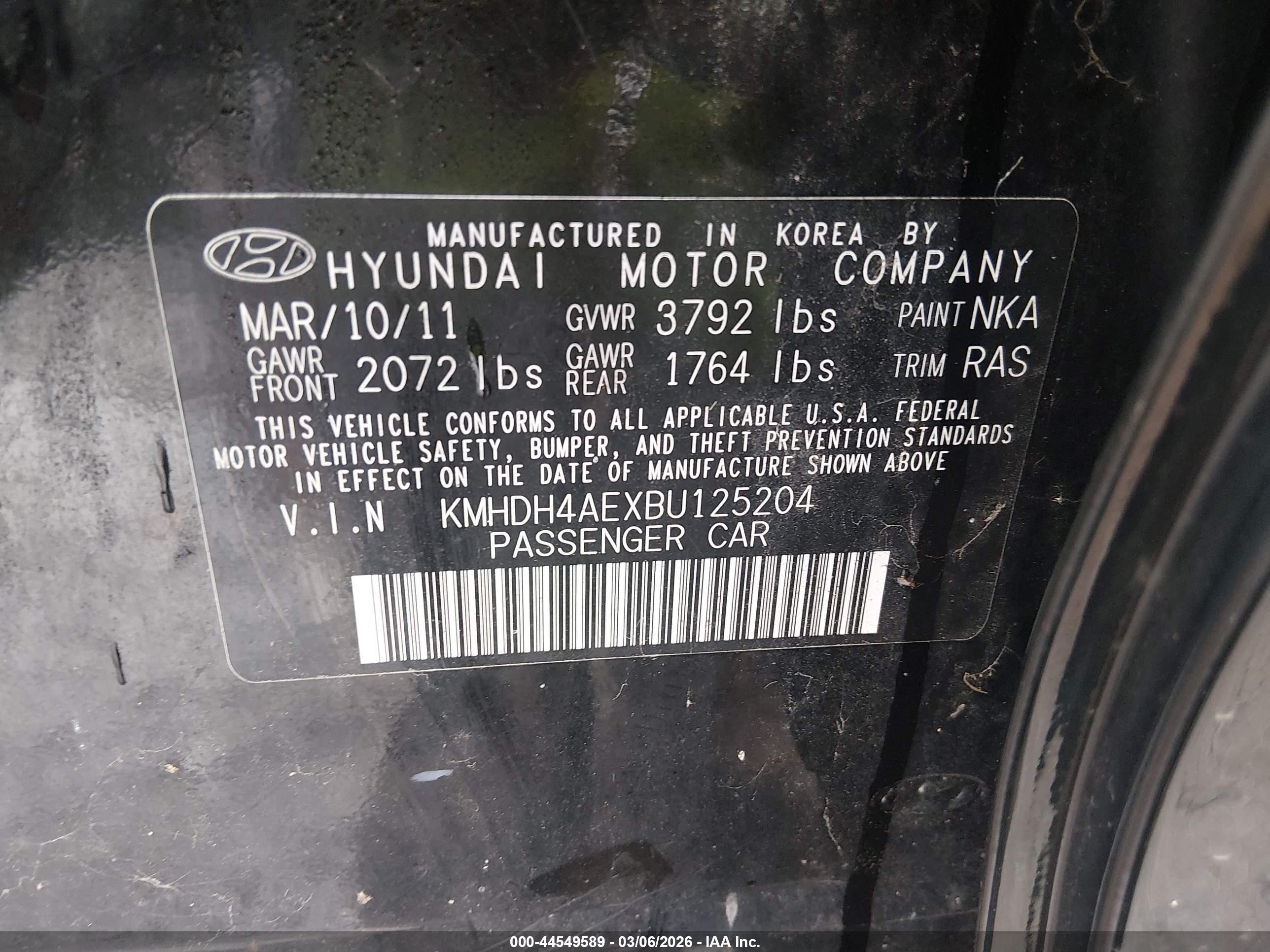 2011 Hyundai Elantra Gls (ulsan Plant) Черный vin: KMHDH4AEXBU125204