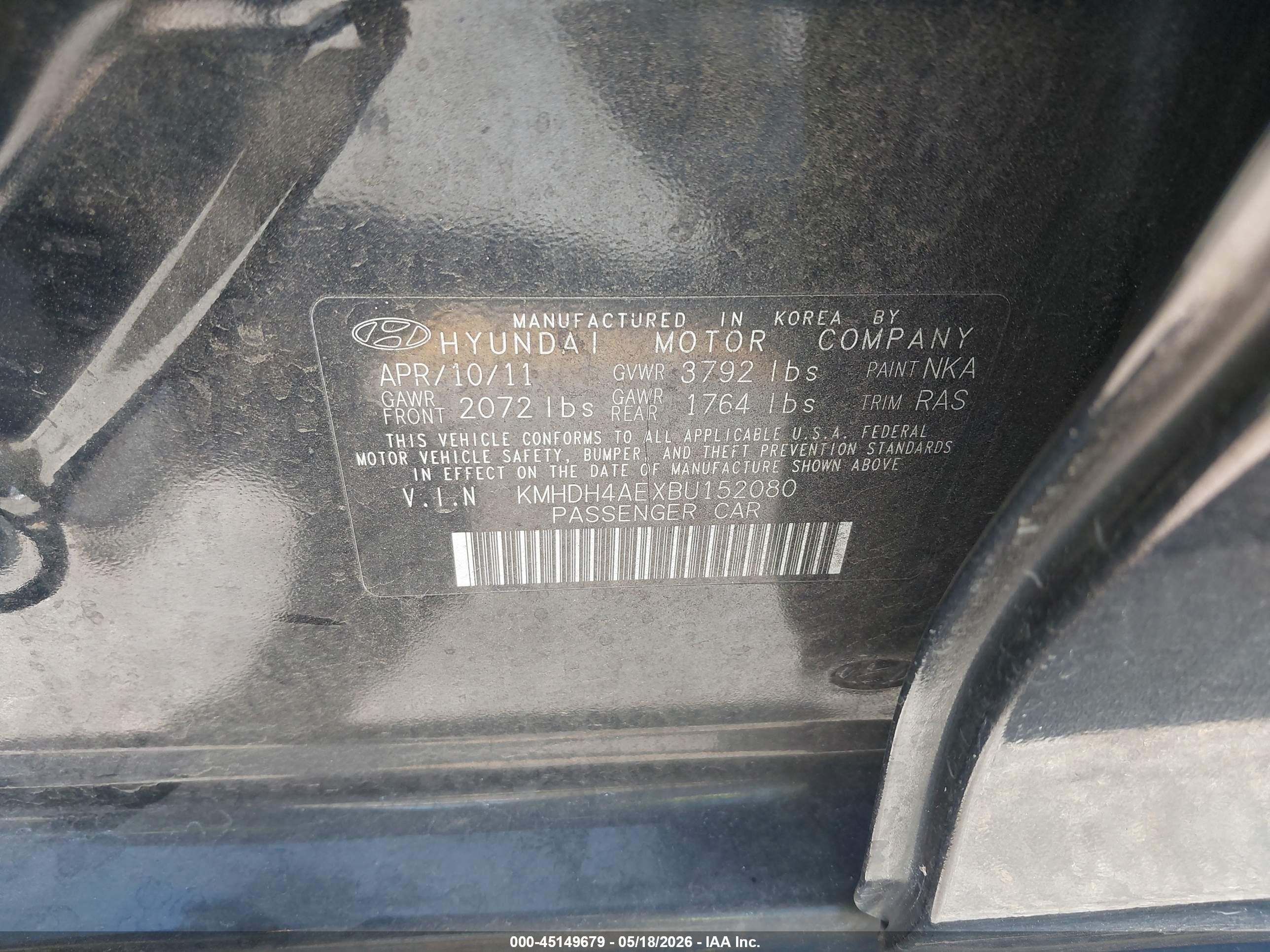 2011 Hyundai Elantra Gls (ulsan Plant) Black vin: KMHDH4AEXBU152080
