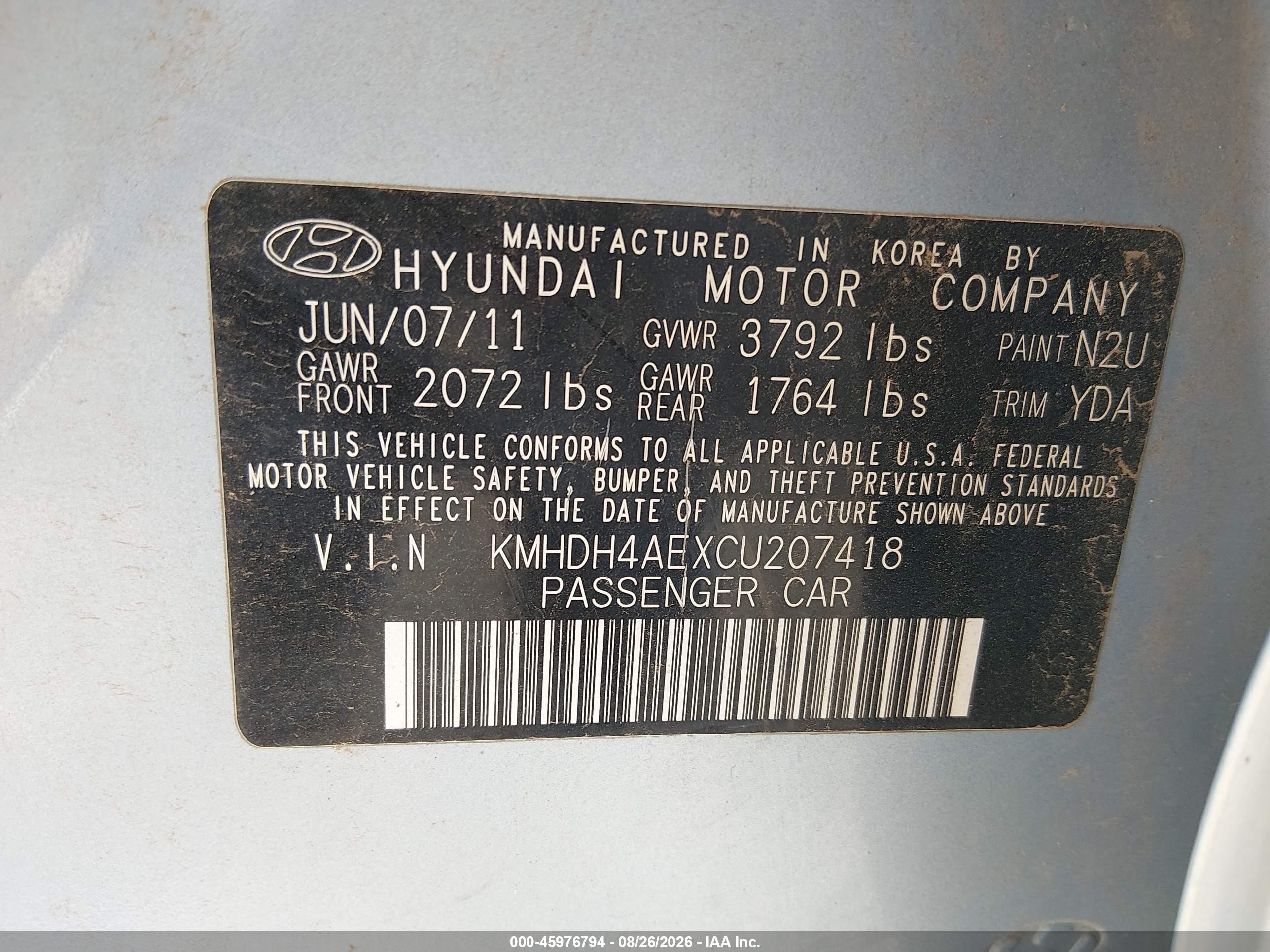 2012 Hyundai Elantra Limited (ulsan Plant) Blue vin: KMHDH4AEXCU207418