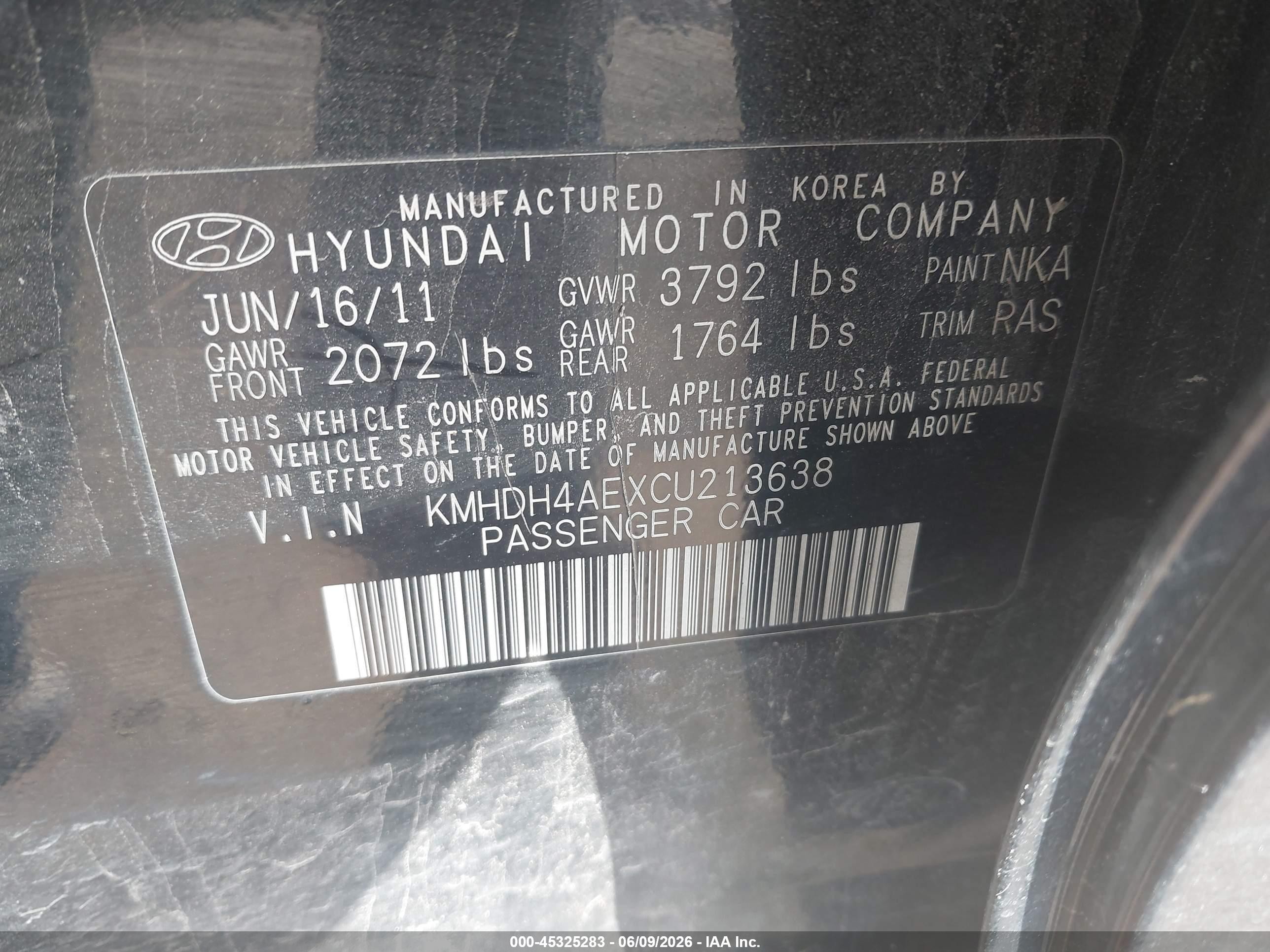 2012 Hyundai Elantra Limited (ulsan Plant) Black vin: KMHDH4AEXCU213638