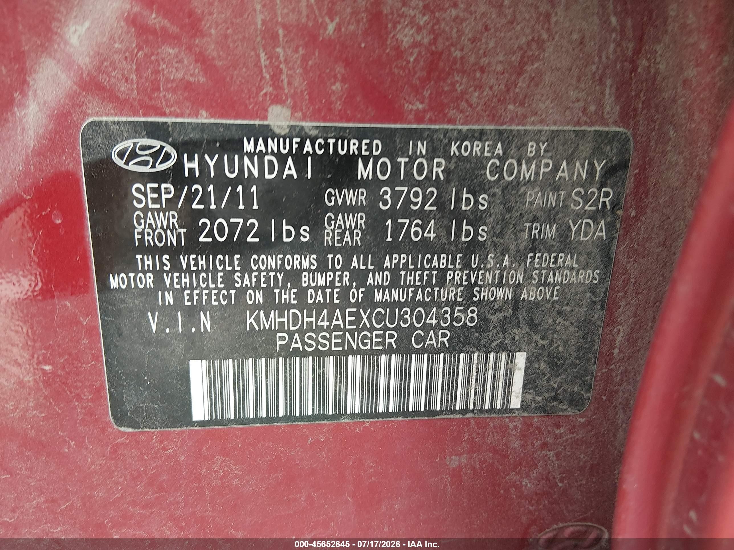 2012 Hyundai Elantra Gls (ulsan Plant) Red vin: KMHDH4AEXCU304358