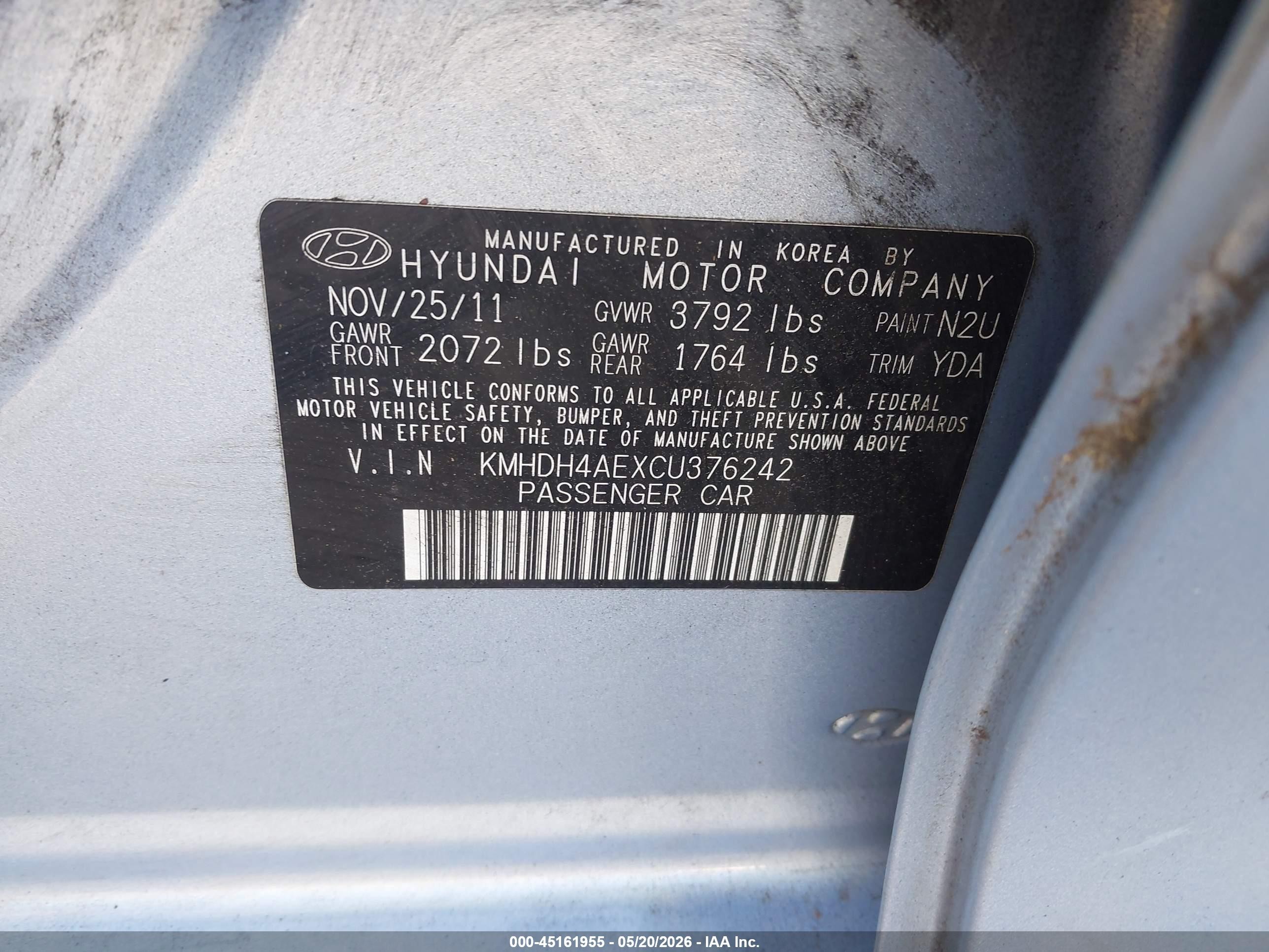 2012 Hyundai Elantra Gls (ulsan Plant) Light Blue vin: KMHDH4AEXCU376242