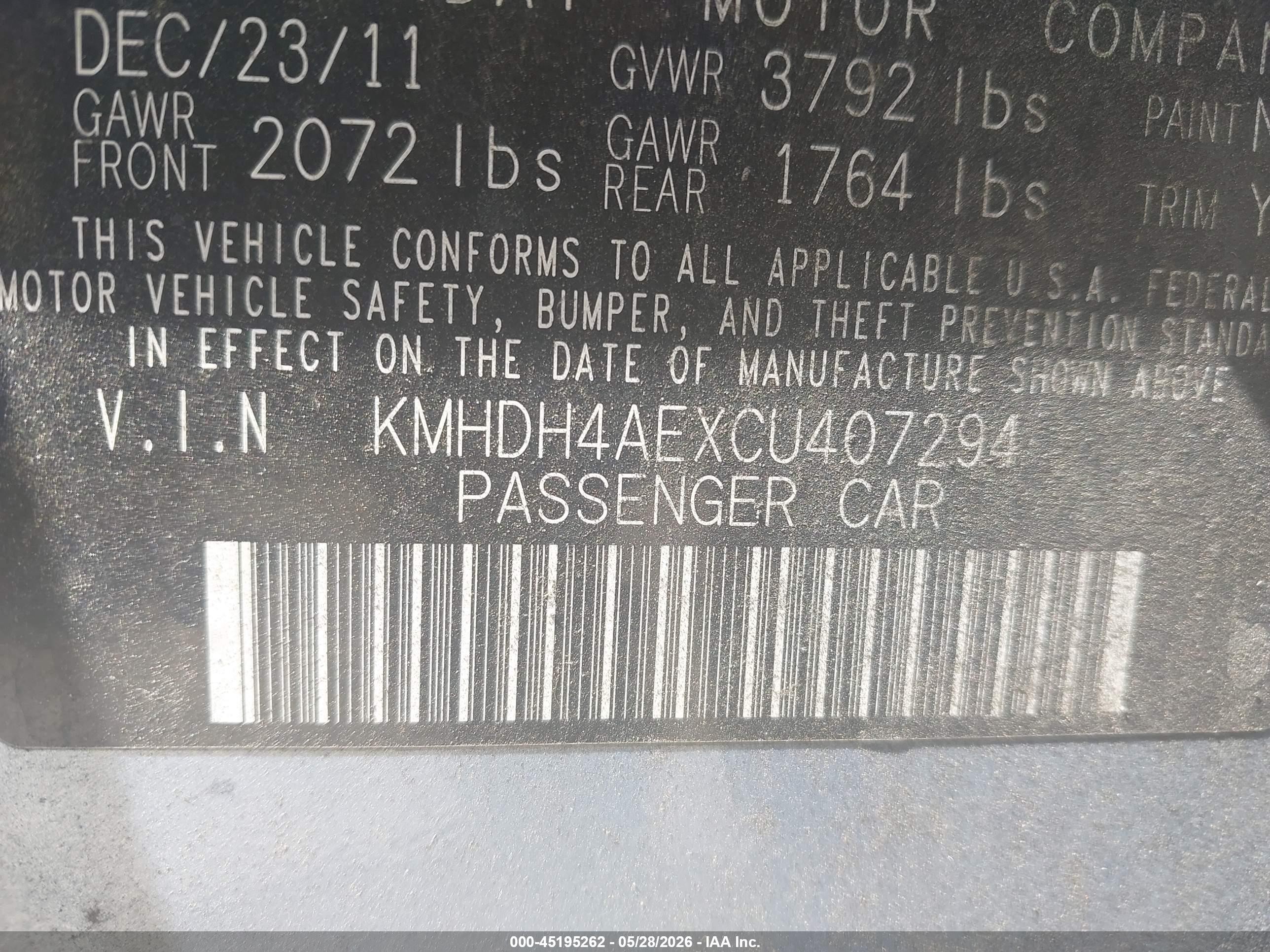 2012 Hyundai Elantra Gls (ulsan Plant) Light Blue vin: KMHDH4AEXCU407294