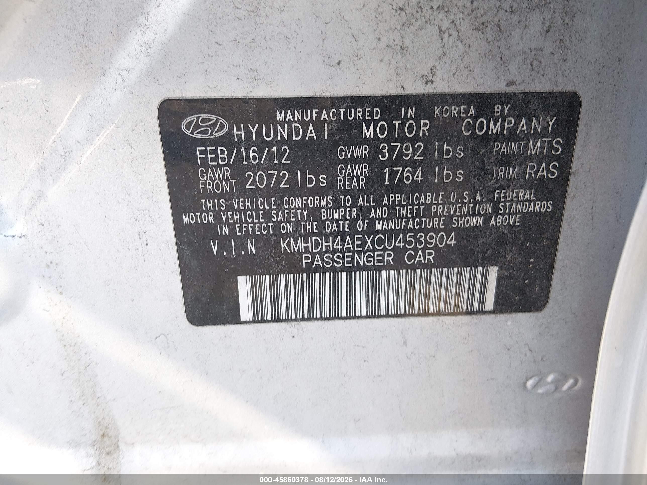 2012 Hyundai Elantra Gls (ulsan Plant) Gray vin: KMHDH4AEXCU453904