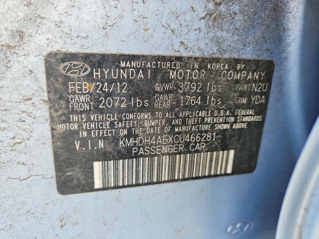 2012 Hyundai Elantra Gls Turquoise vin: KMHDH4AEXCU466281