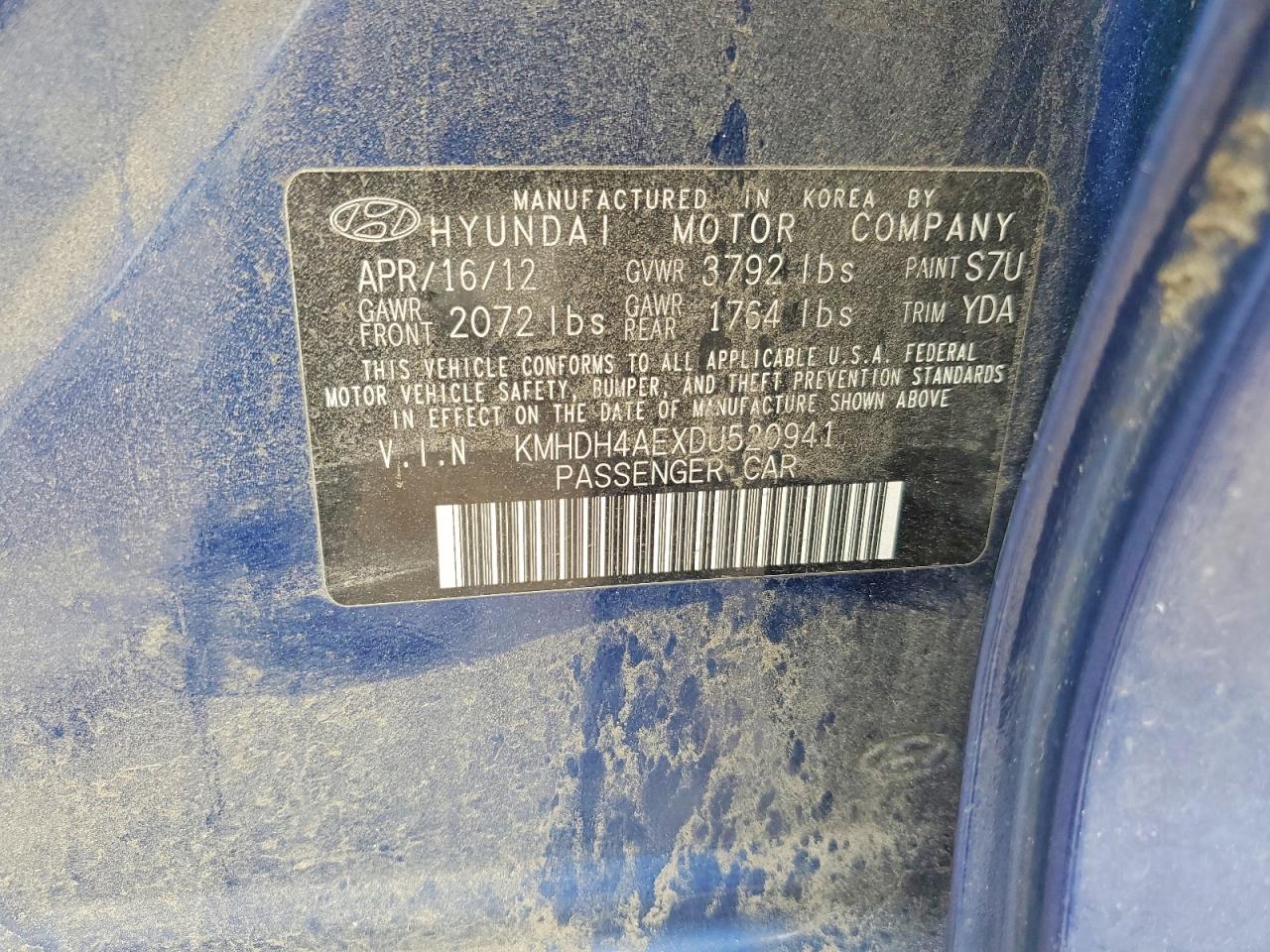 2013 Hyundai Elantra Limited Blue vin: KMHDH4AEXDU520941