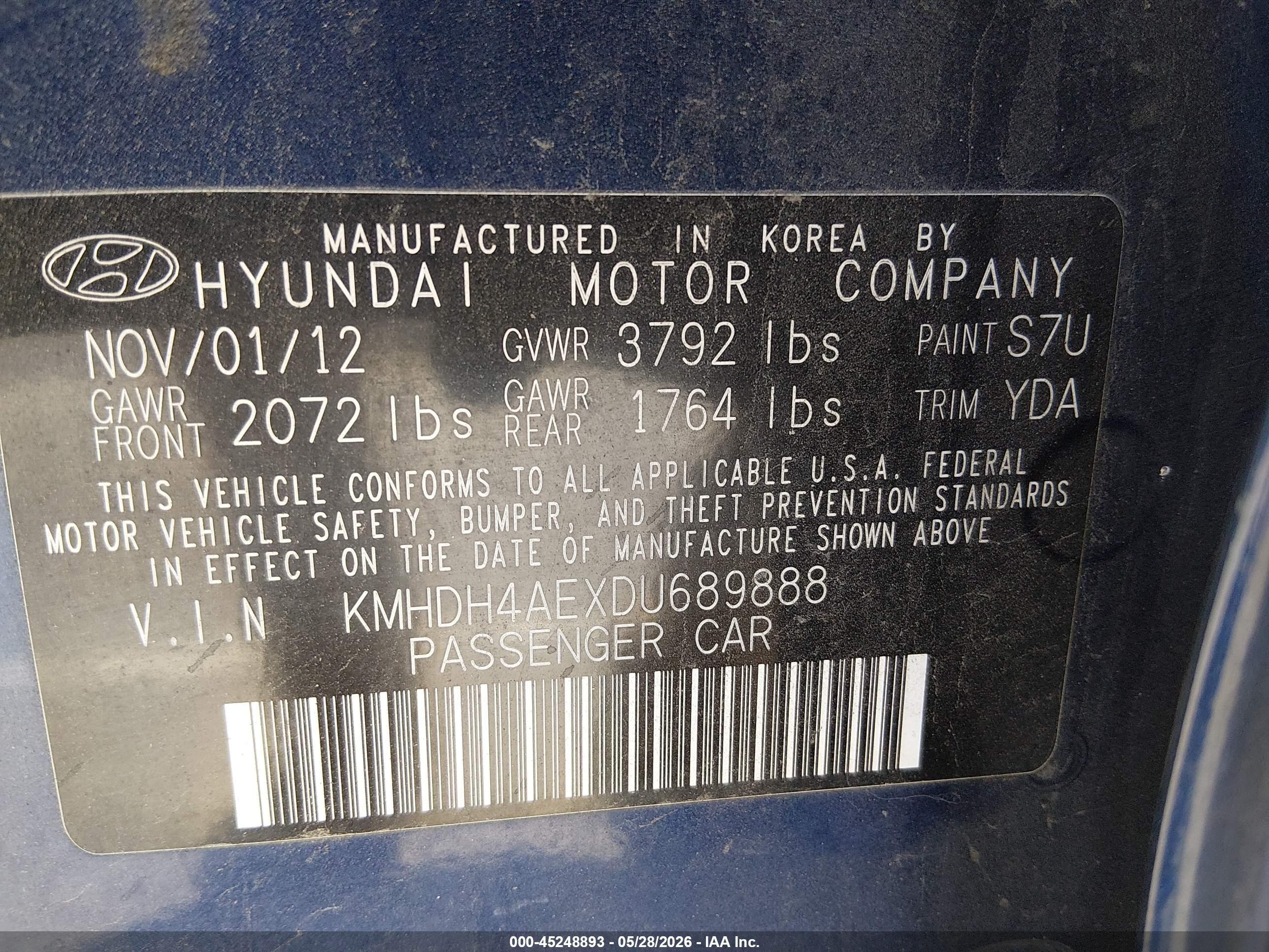 2013 Hyundai Elantra Limited Blue vin: KMHDH4AEXDU689888