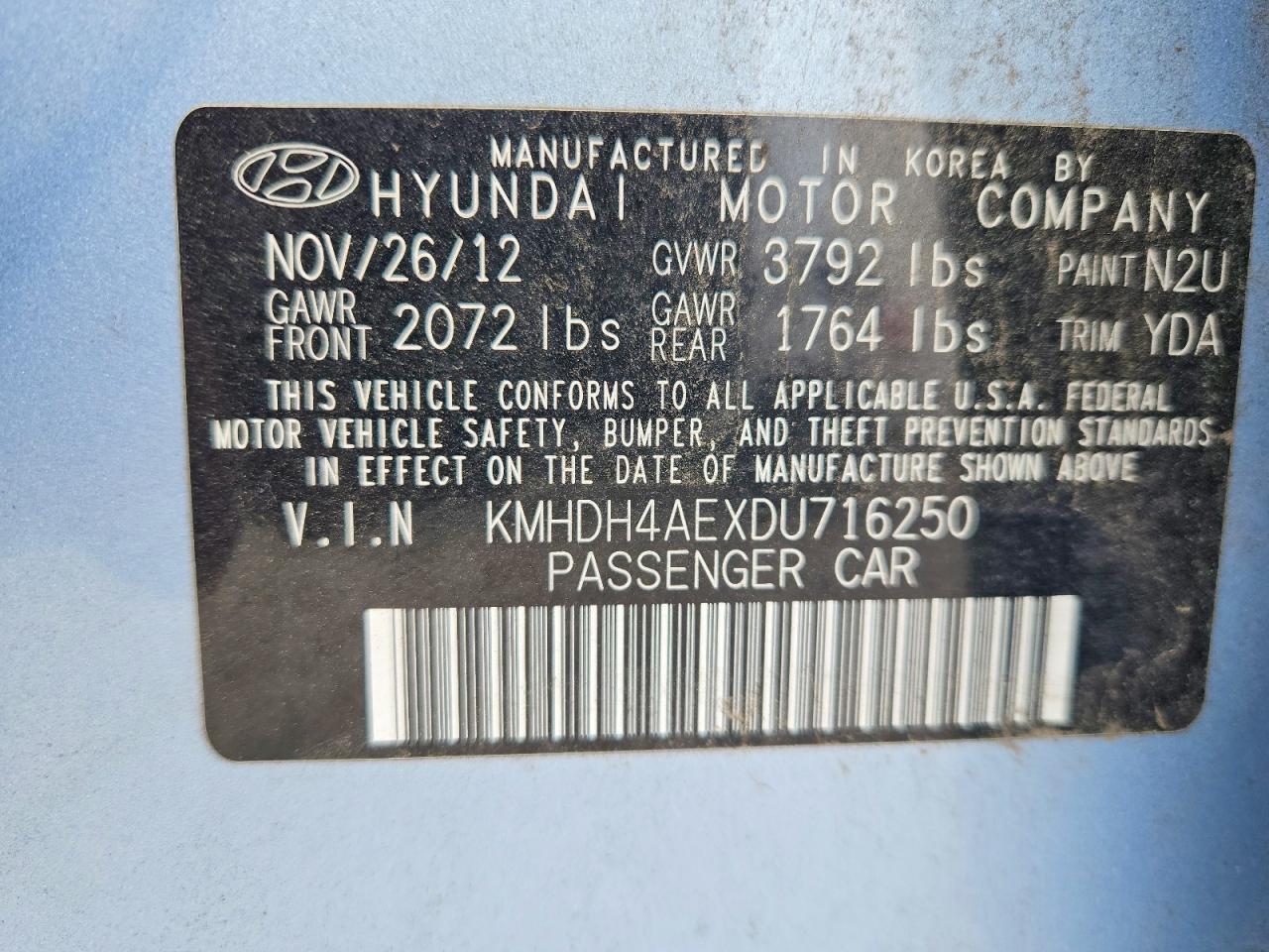 2013 Hyundai Elantra Limited Blue vin: KMHDH4AEXDU716250