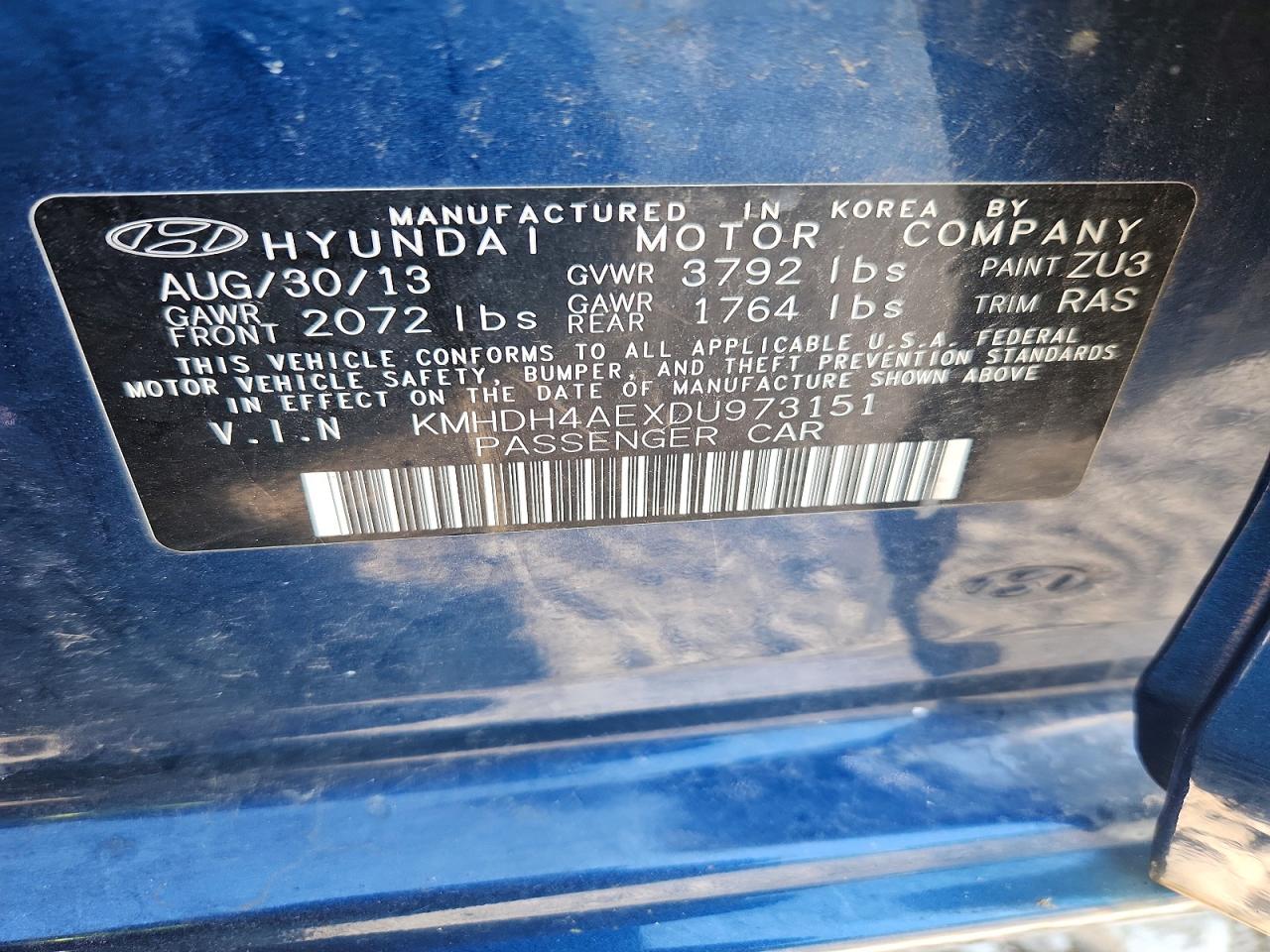 2013 Hyundai Elantra Gls Blue vin: KMHDH4AEXDU973151