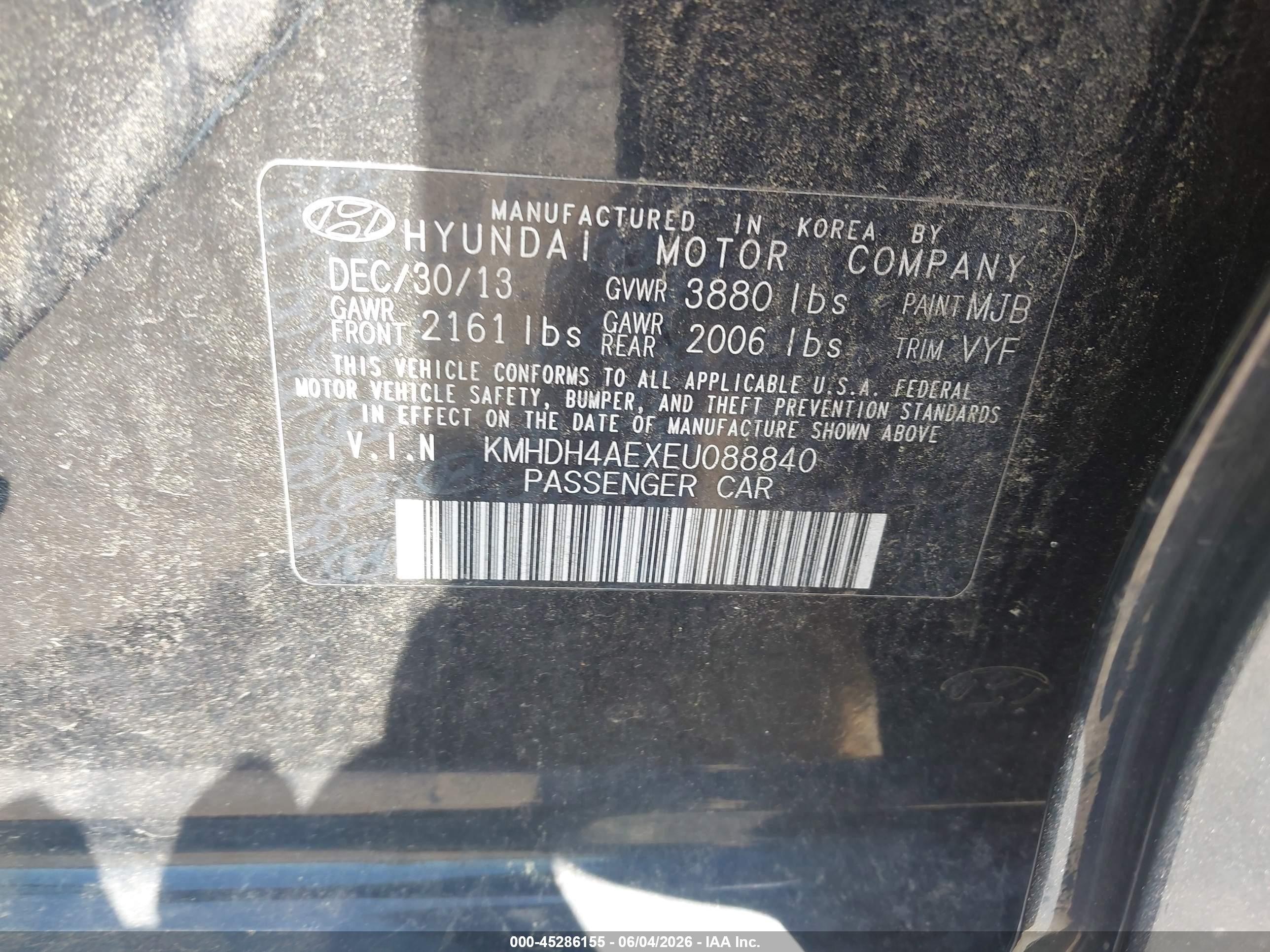 2014 Hyundai Elantra Se Black vin: KMHDH4AEXEU088840