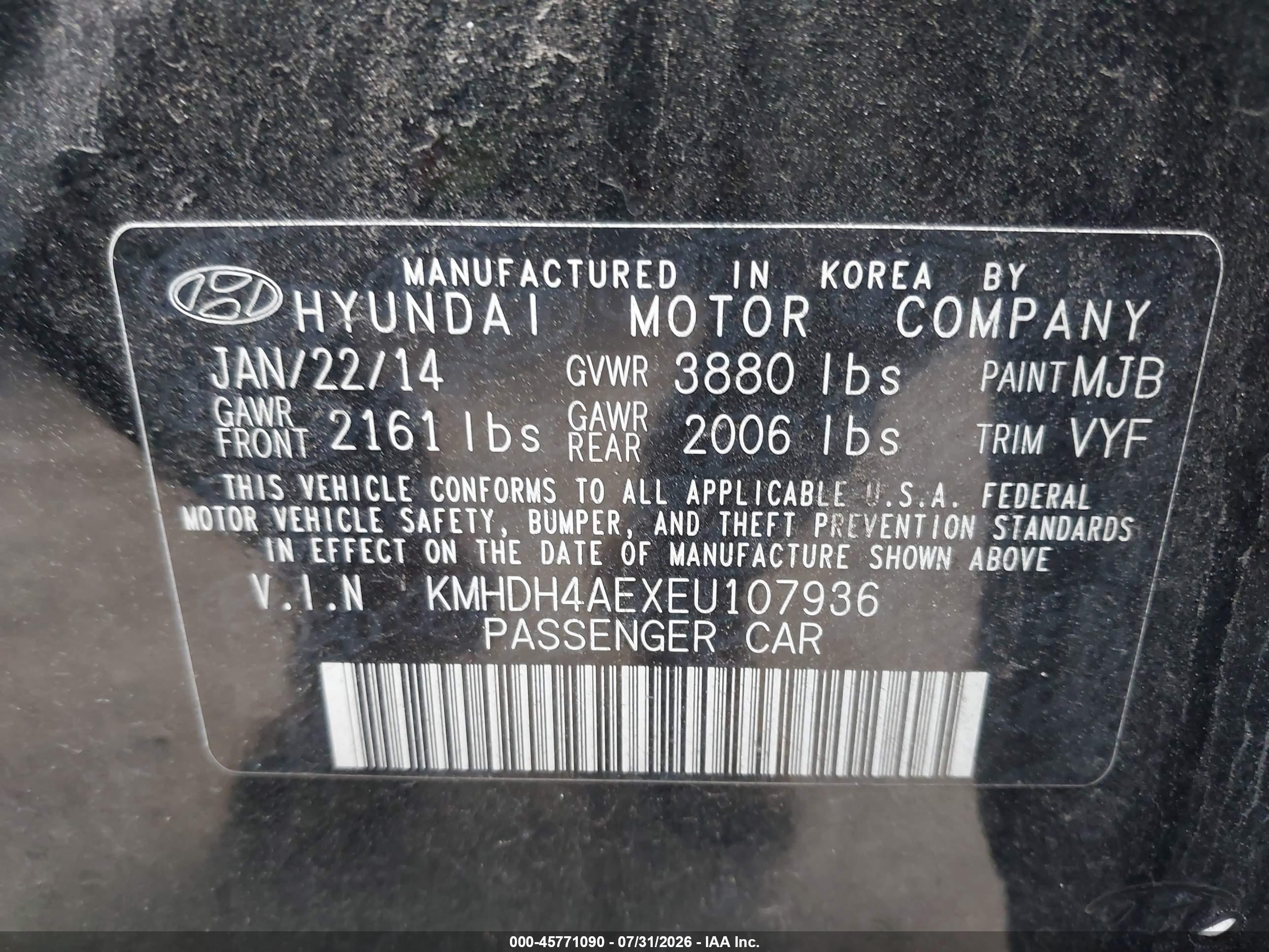 2014 Hyundai Elantra Se Black vin: KMHDH4AEXEU107936