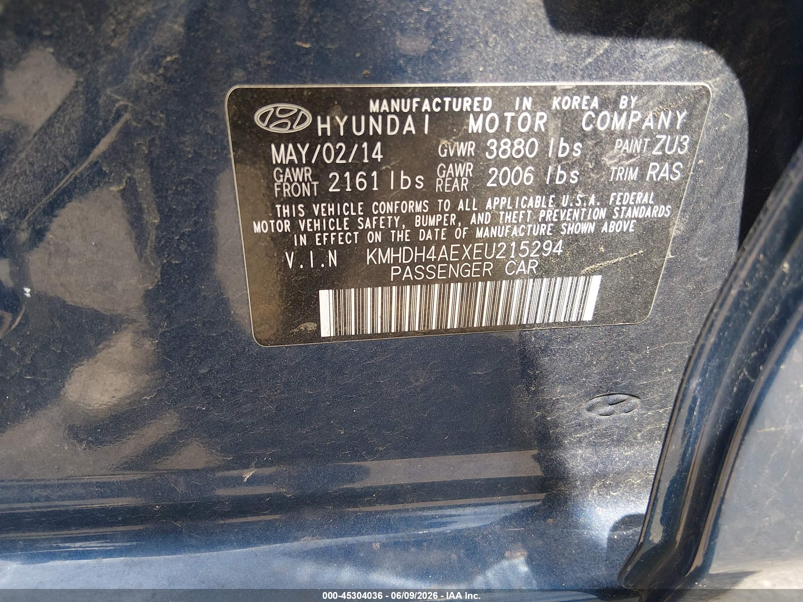 2014 Hyundai Elantra Se Blue vin: KMHDH4AEXEU215294