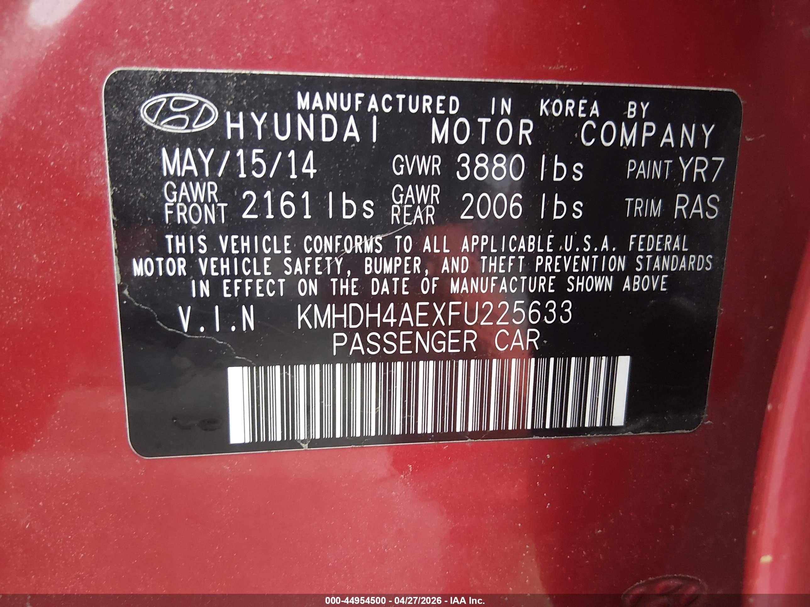 2015 Hyundai Elantra Se Burgundy vin: KMHDH4AEXFU225633