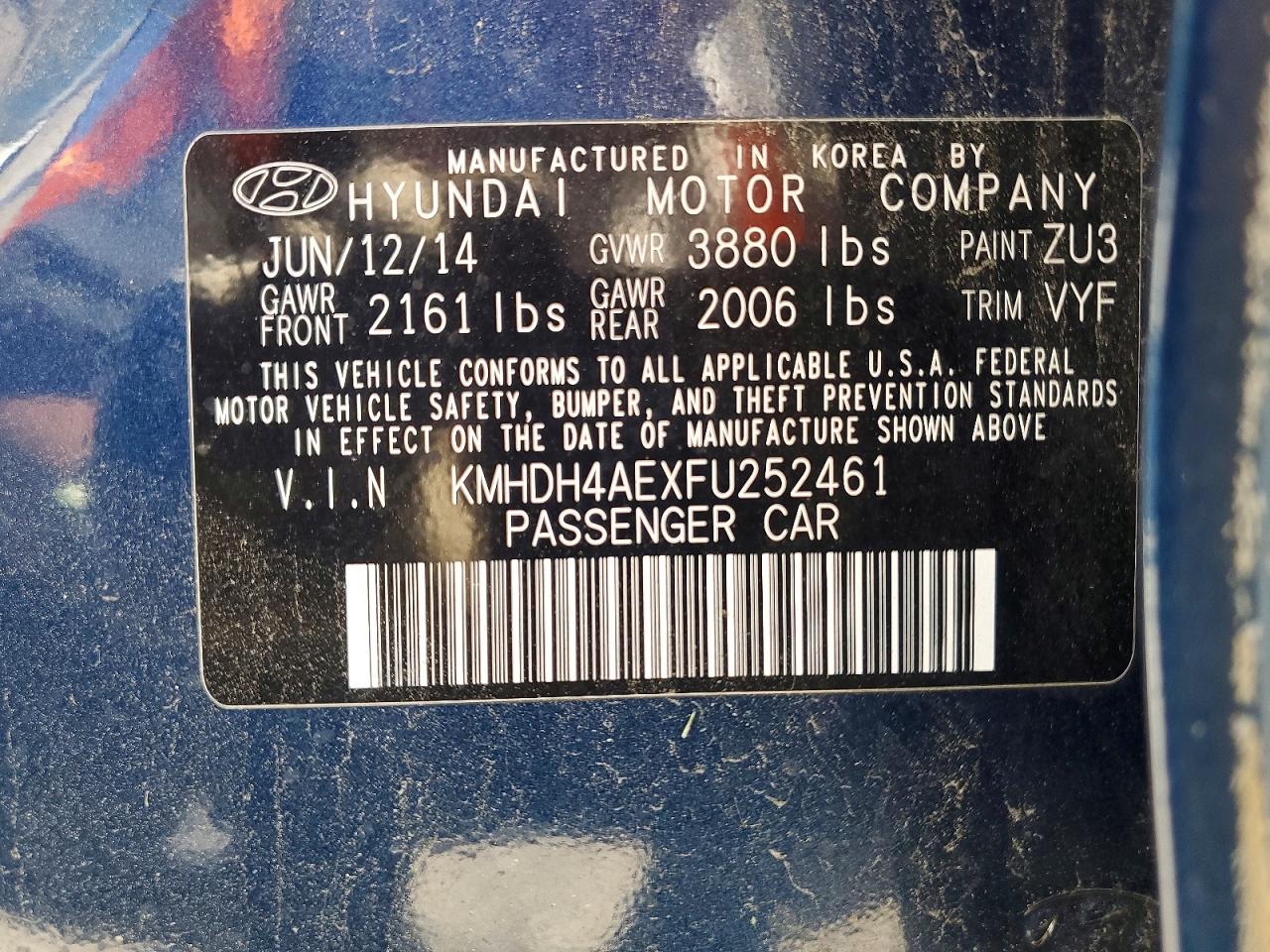 2015 Hyundai Elantra Se Blue vin: KMHDH4AEXFU252461