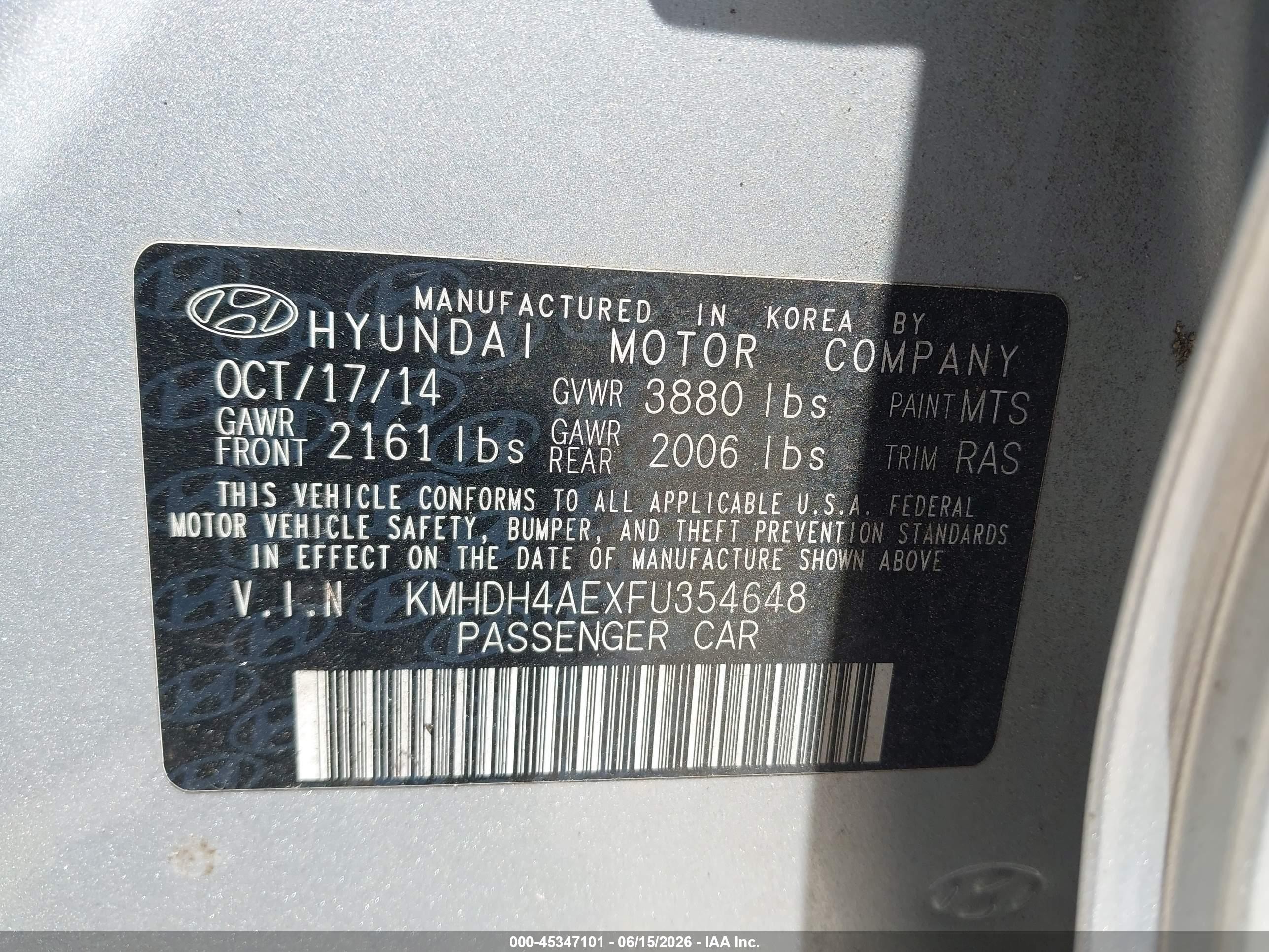 2015 Hyundai Elantra Se Silver vin: KMHDH4AEXFU354648