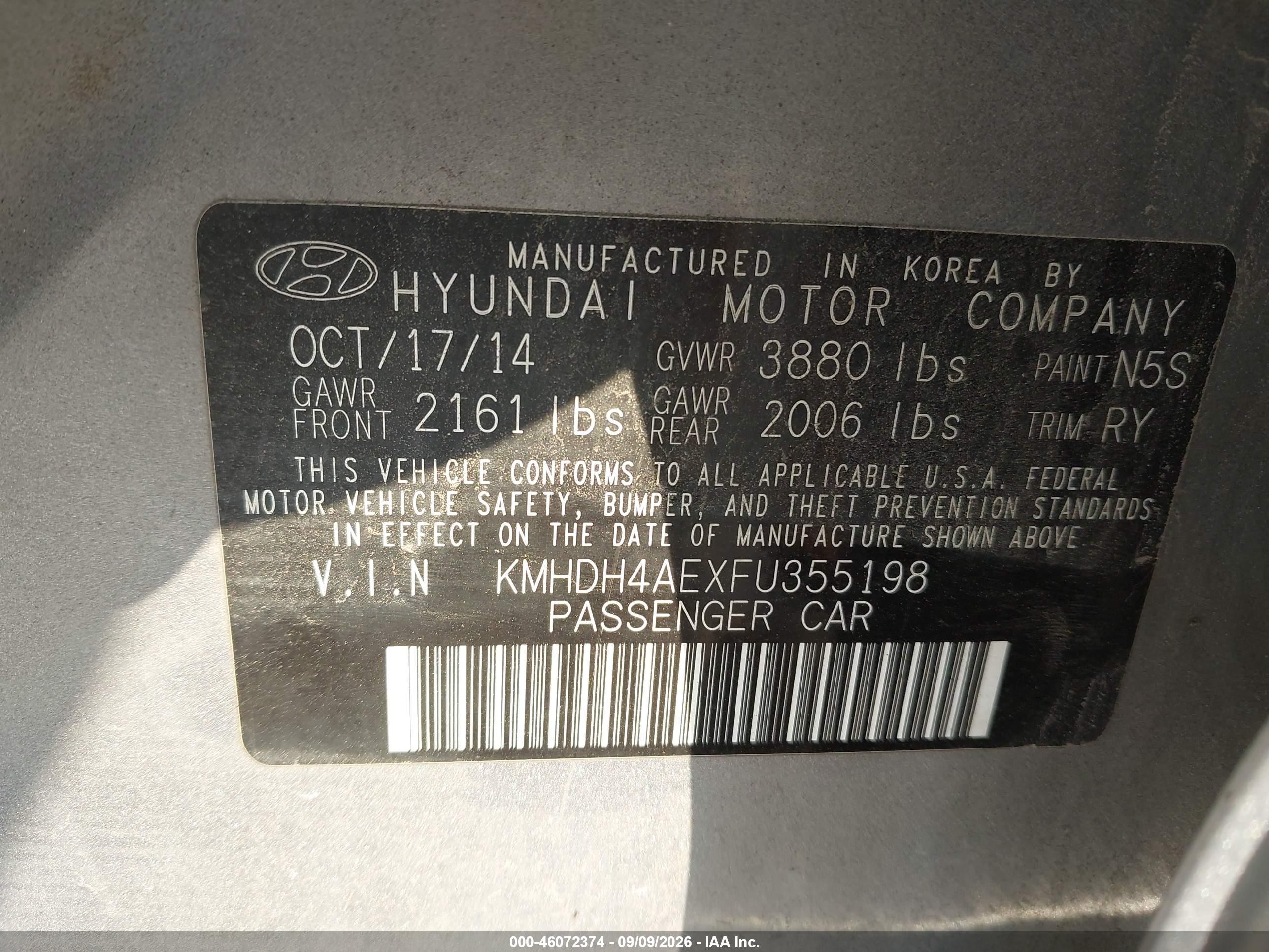 2015 Hyundai Elantra Se Gray vin: KMHDH4AEXFU355198