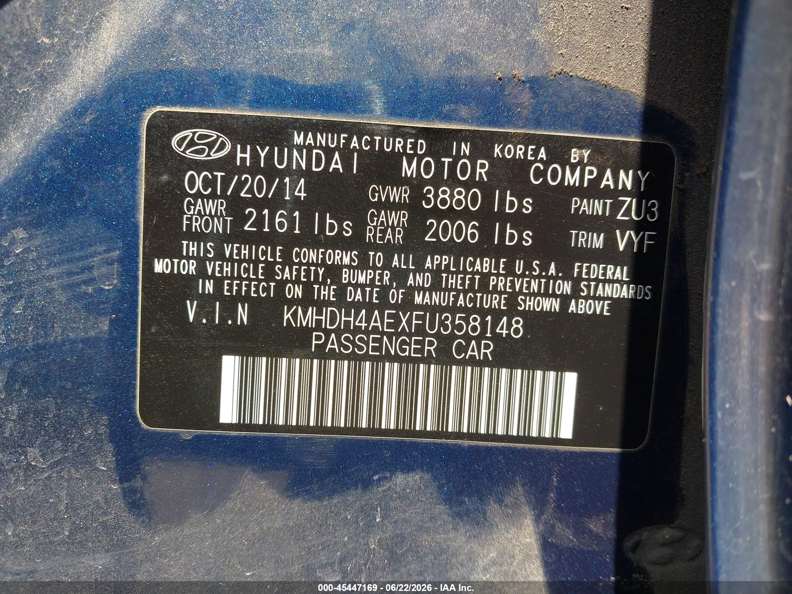 2015 Hyundai Elantra Se Blue vin: KMHDH4AEXFU358148
