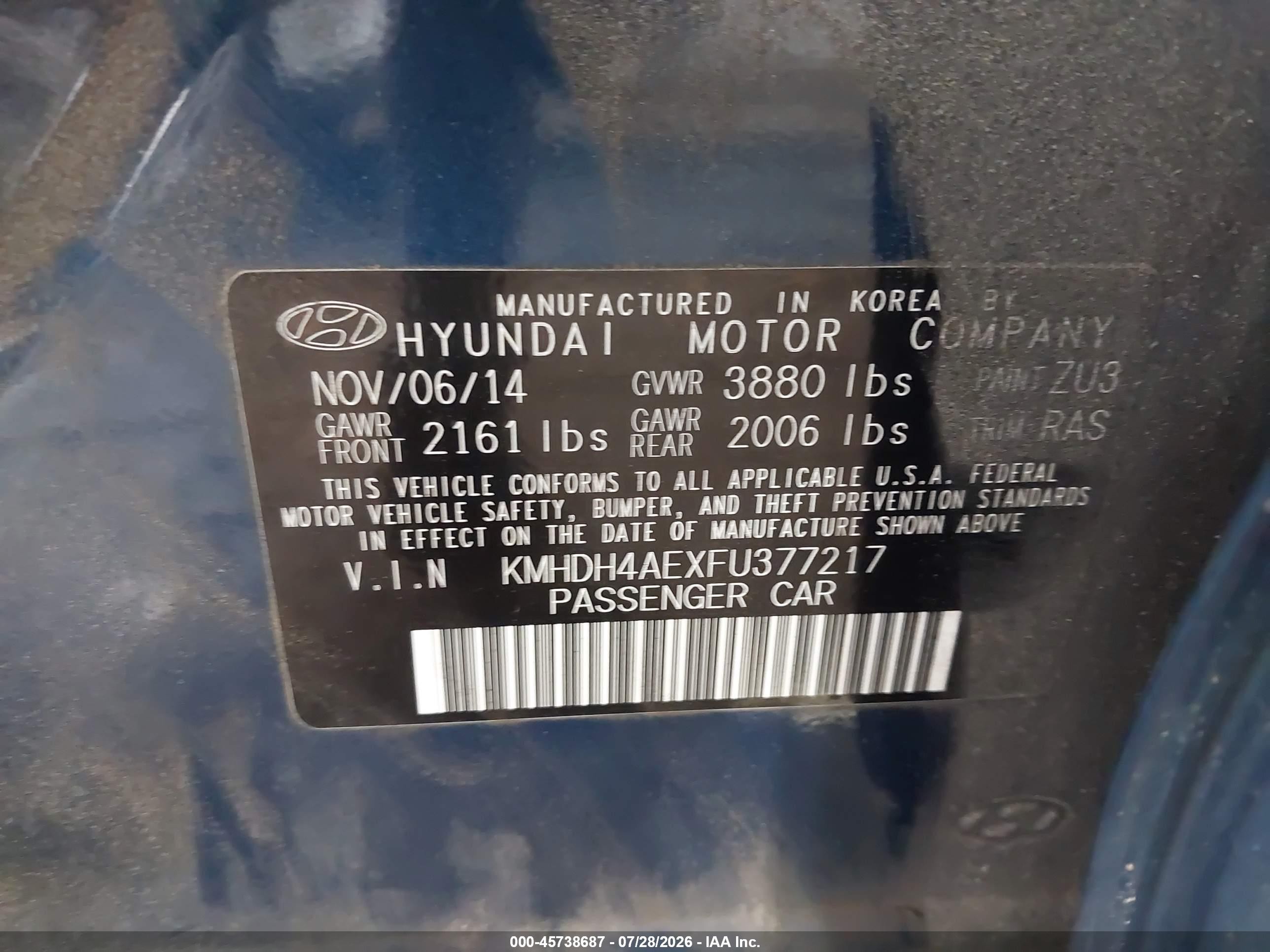 2015 Hyundai Elantra Se Blue vin: KMHDH4AEXFU377217