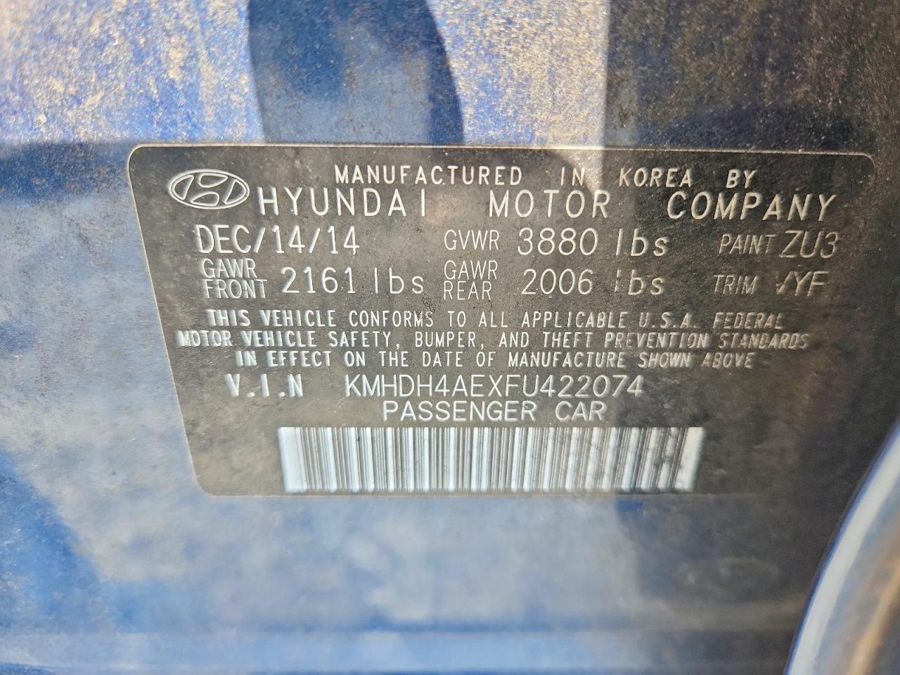 2015 Hyundai Elantra Se Blue vin: KMHDH4AEXFU422074