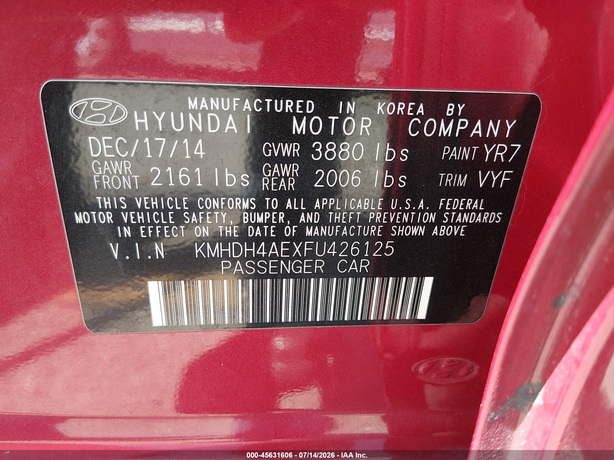 2015 Hyundai Elantra Se Red vin: KMHDH4AEXFU426125