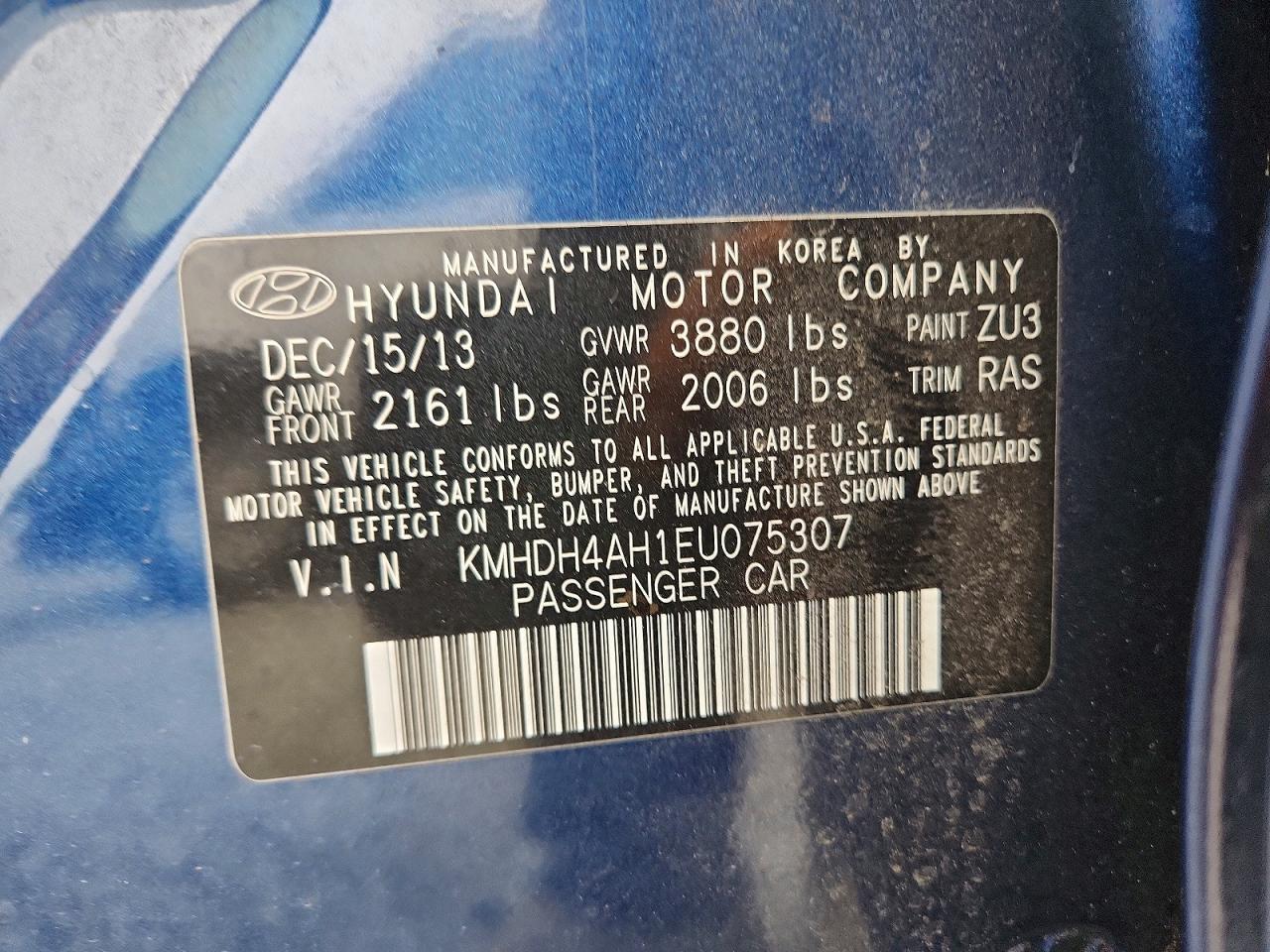 2014 Hyundai Elantra Sport Blue vin: KMHDH4AH1EU075307