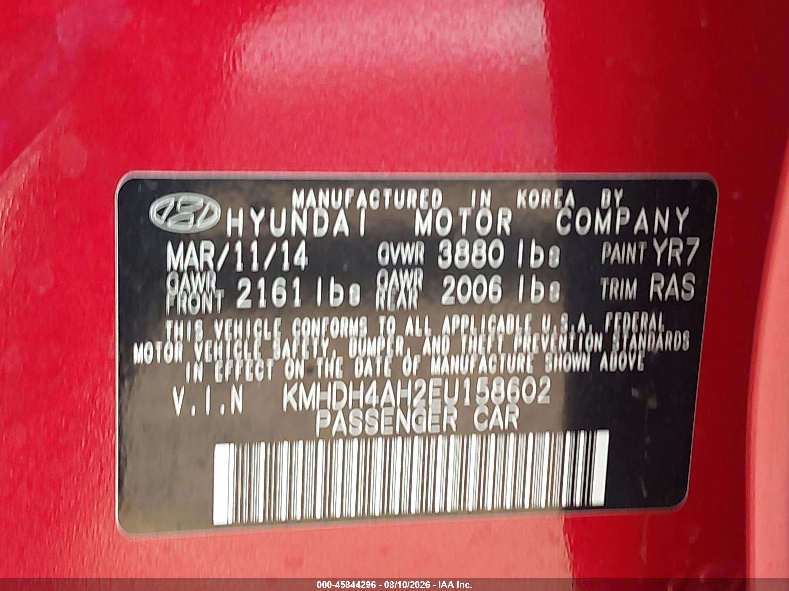 2014 Hyundai Elantra Sport Red vin: KMHDH4AH2EU158602