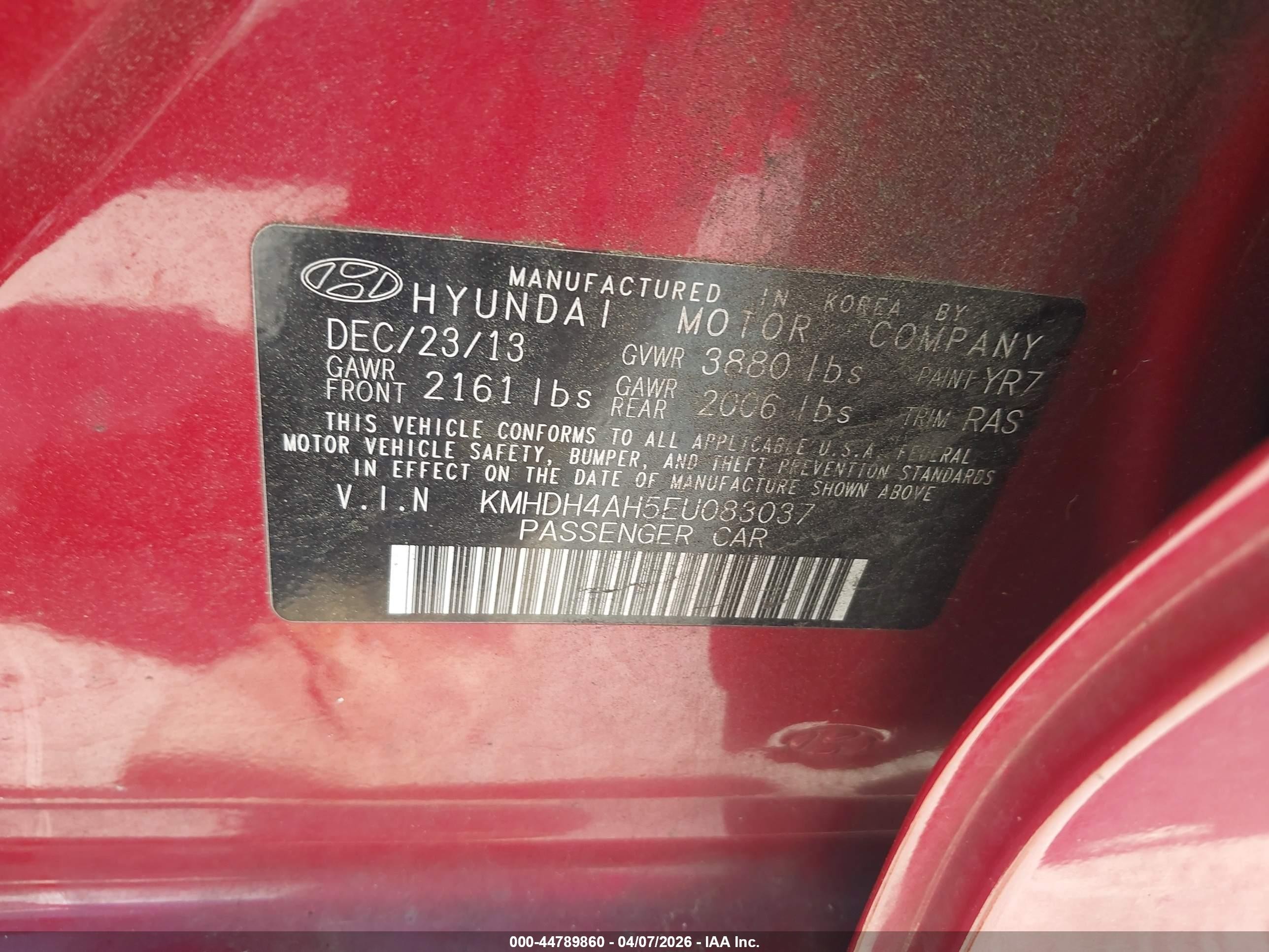 2014 Hyundai Elantra Sport Red vin: KMHDH4AH5EU083037