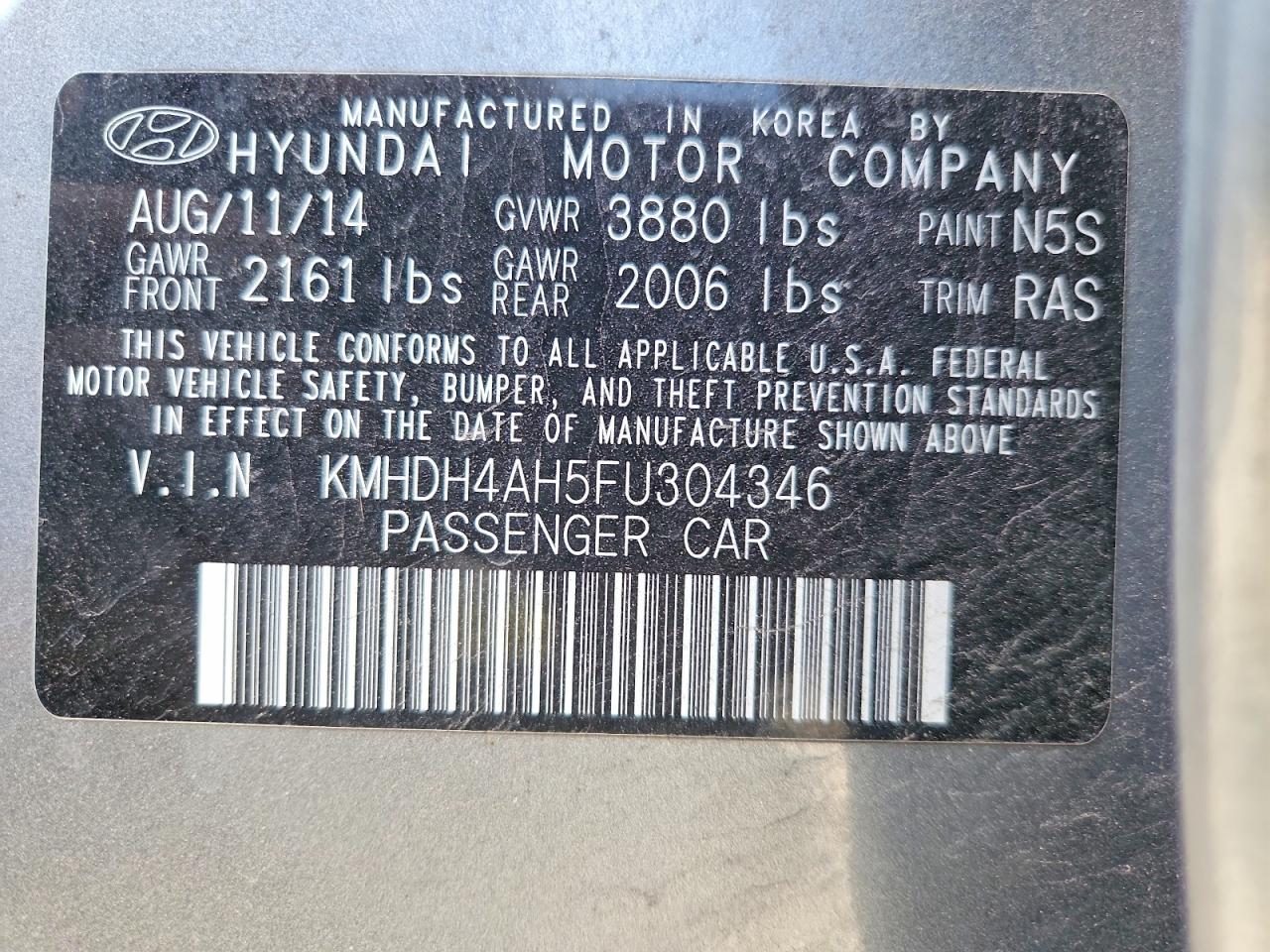 2015 Hyundai Elantra Sport Gray vin: KMHDH4AH5FU304346