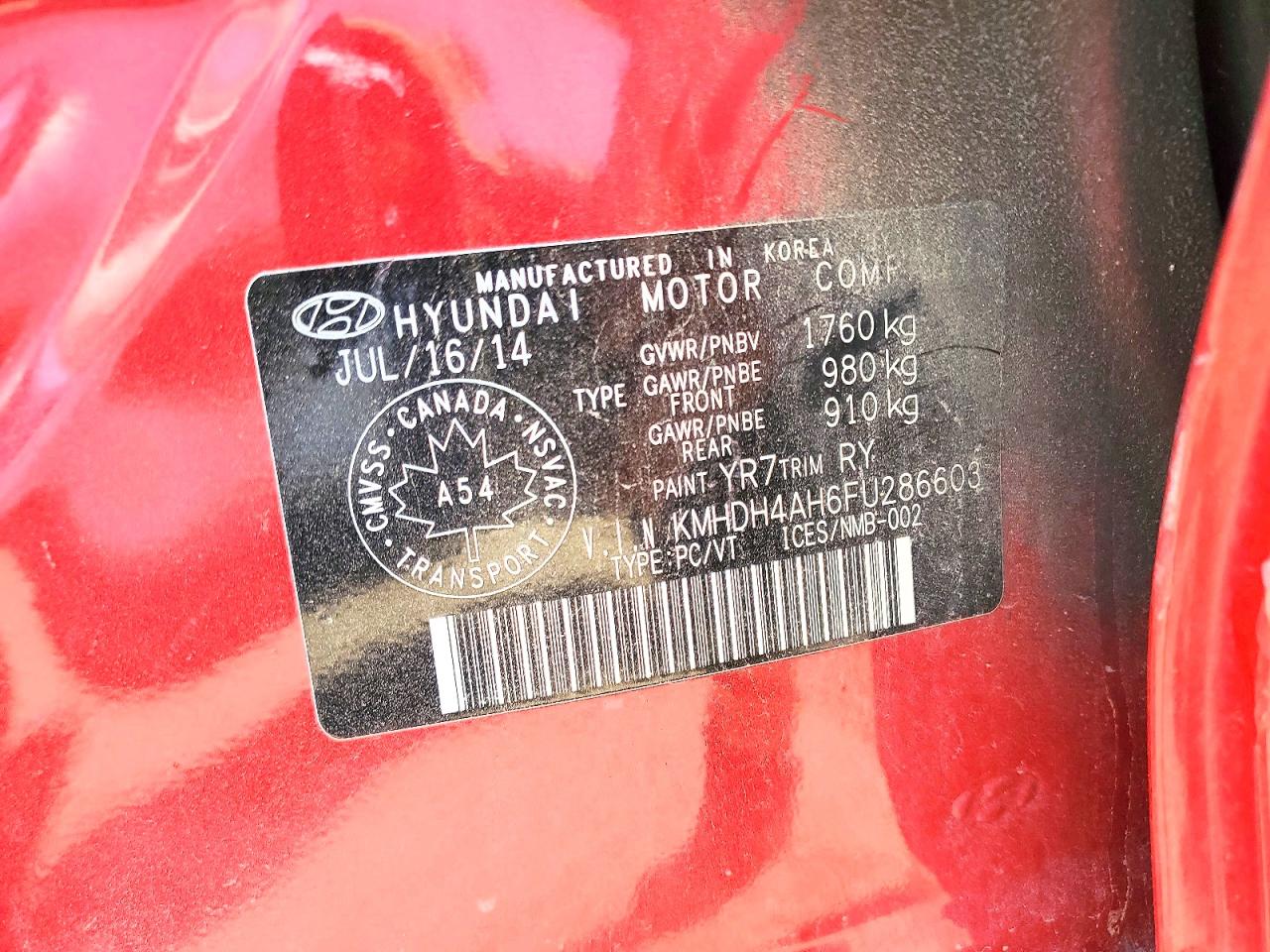 2015 Hyundai Elantra Sport Red vin: KMHDH4AH6FU286603