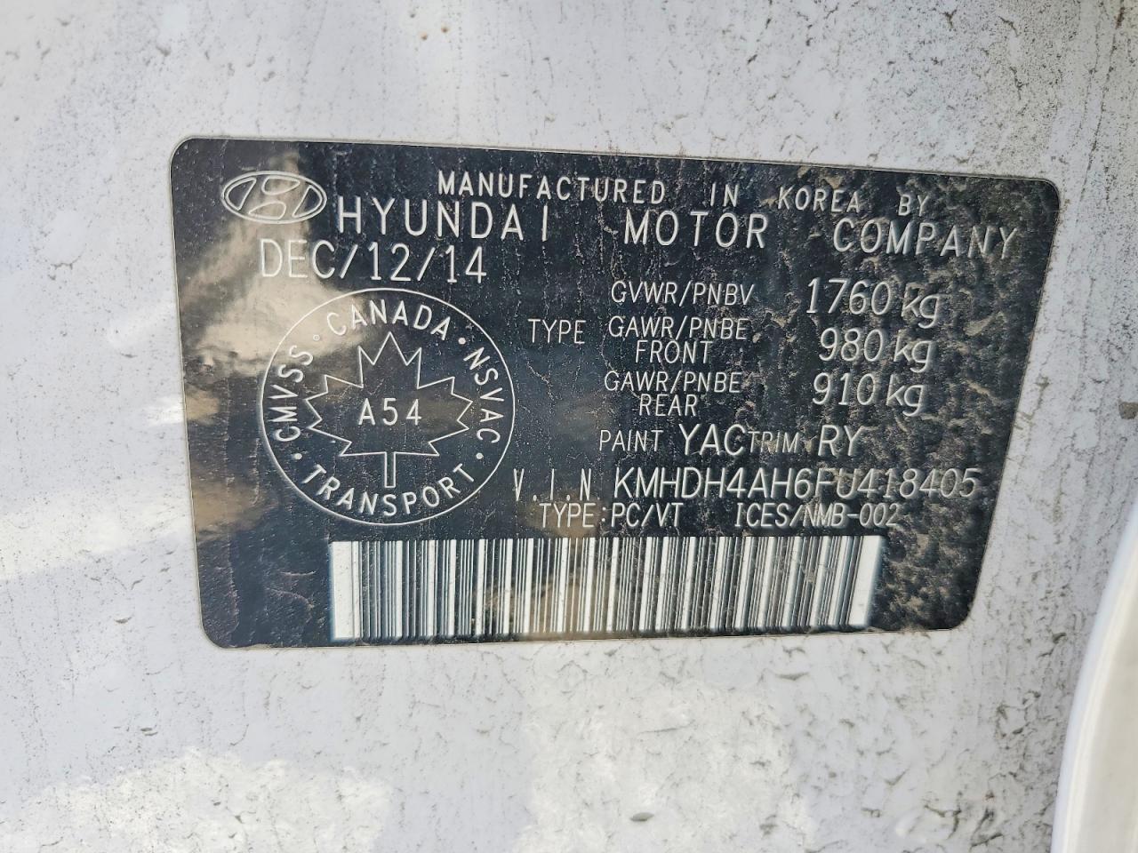 2015 Hyundai Elantra Белый vin: KMHDH4AH6FU418405