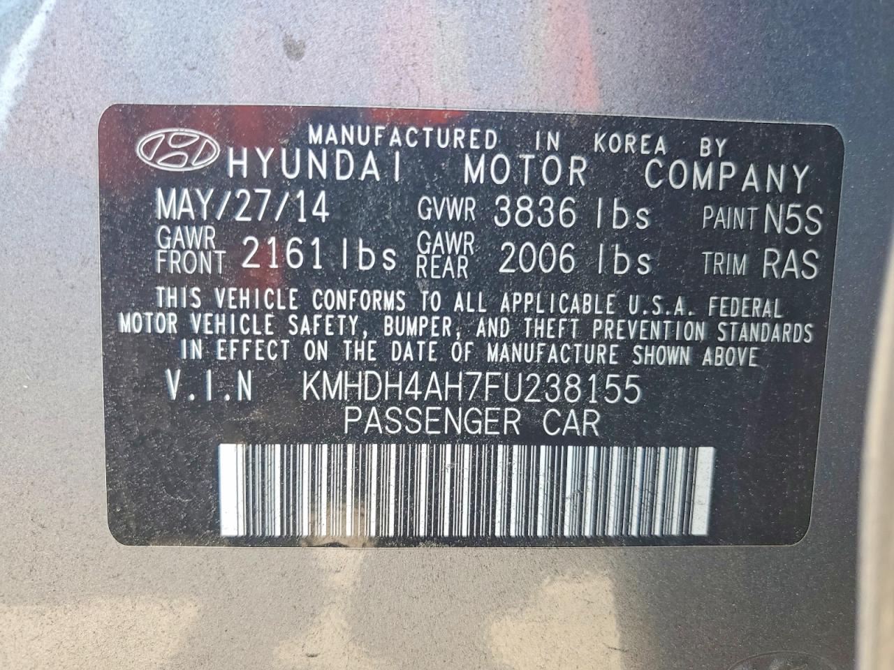 2015 Hyundai Elantra Sport Gray vin: KMHDH4AH7FU238155