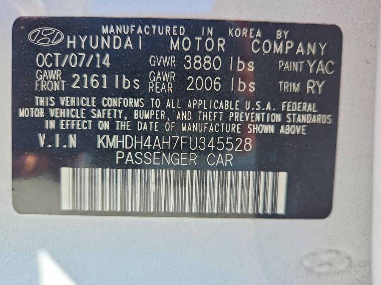 2015 Hyundai Elantra Sport White vin: KMHDH4AH7FU345528