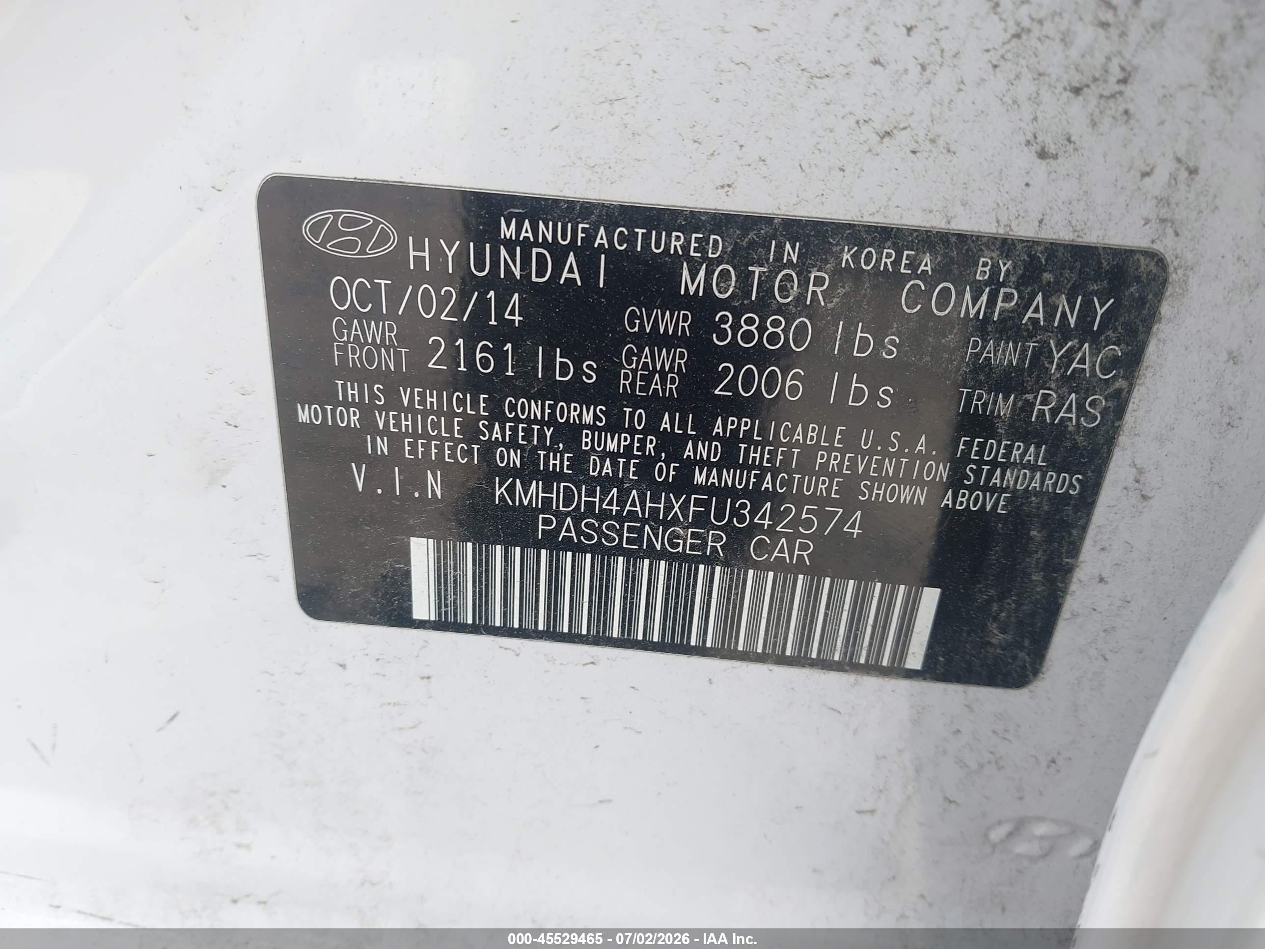 2015 Hyundai Elantra Sport White vin: KMHDH4AHXFU342574