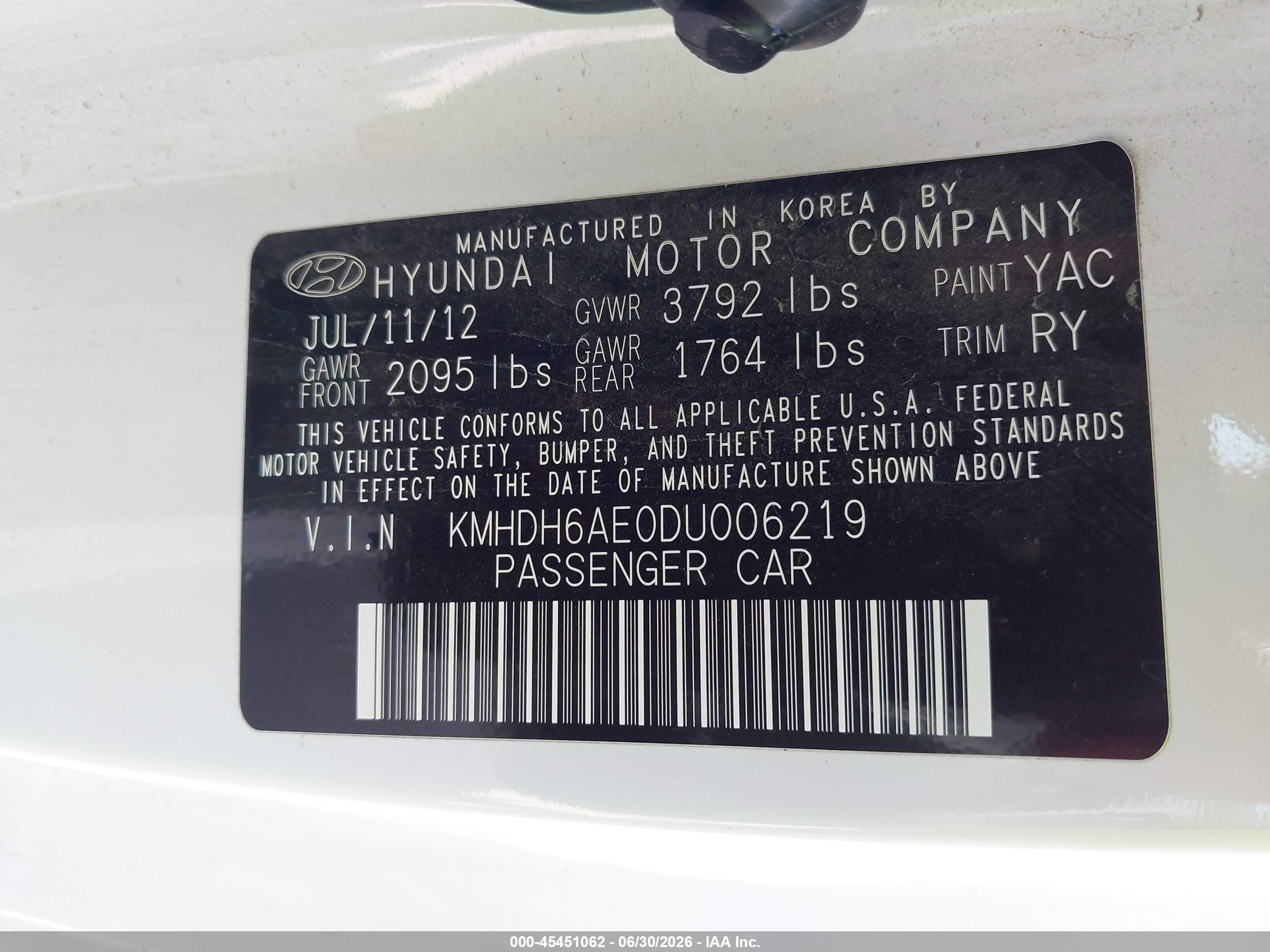 2013 Hyundai Elantra Se White vin: KMHDH6AE0DU006219