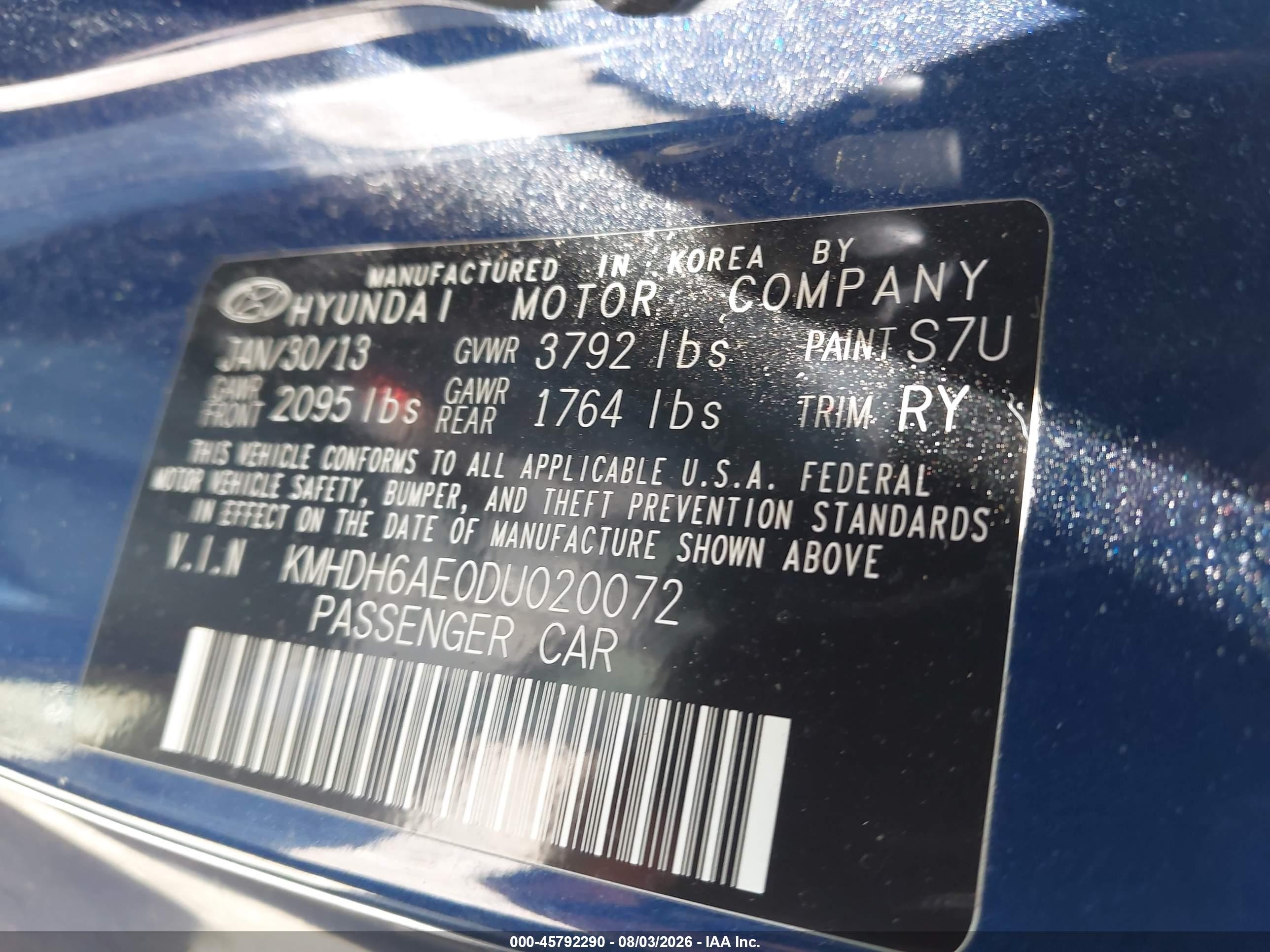 2013 Hyundai Elantra Gs Blue vin: KMHDH6AE0DU020072