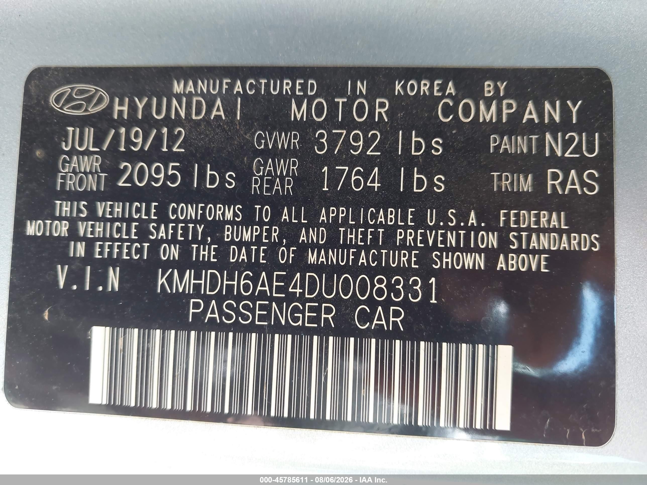 2013 Hyundai Elantra Gs Light Blue vin: KMHDH6AE4DU008331