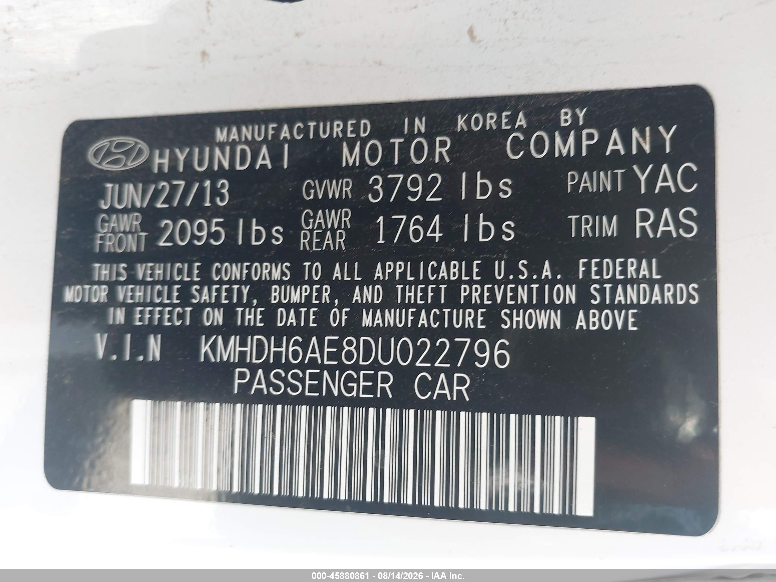 2013 Hyundai Elantra Se White vin: KMHDH6AE8DU022796