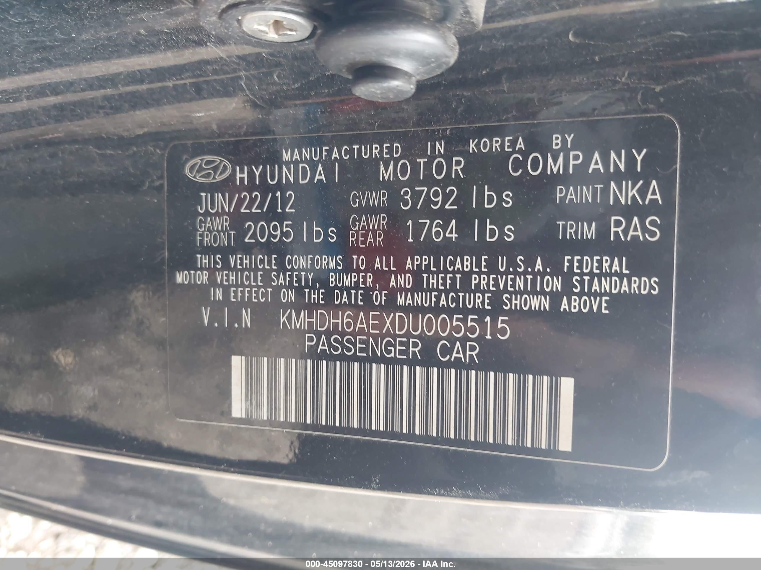 2013 Hyundai Elantra Gs Black vin: KMHDH6AEXDU005515