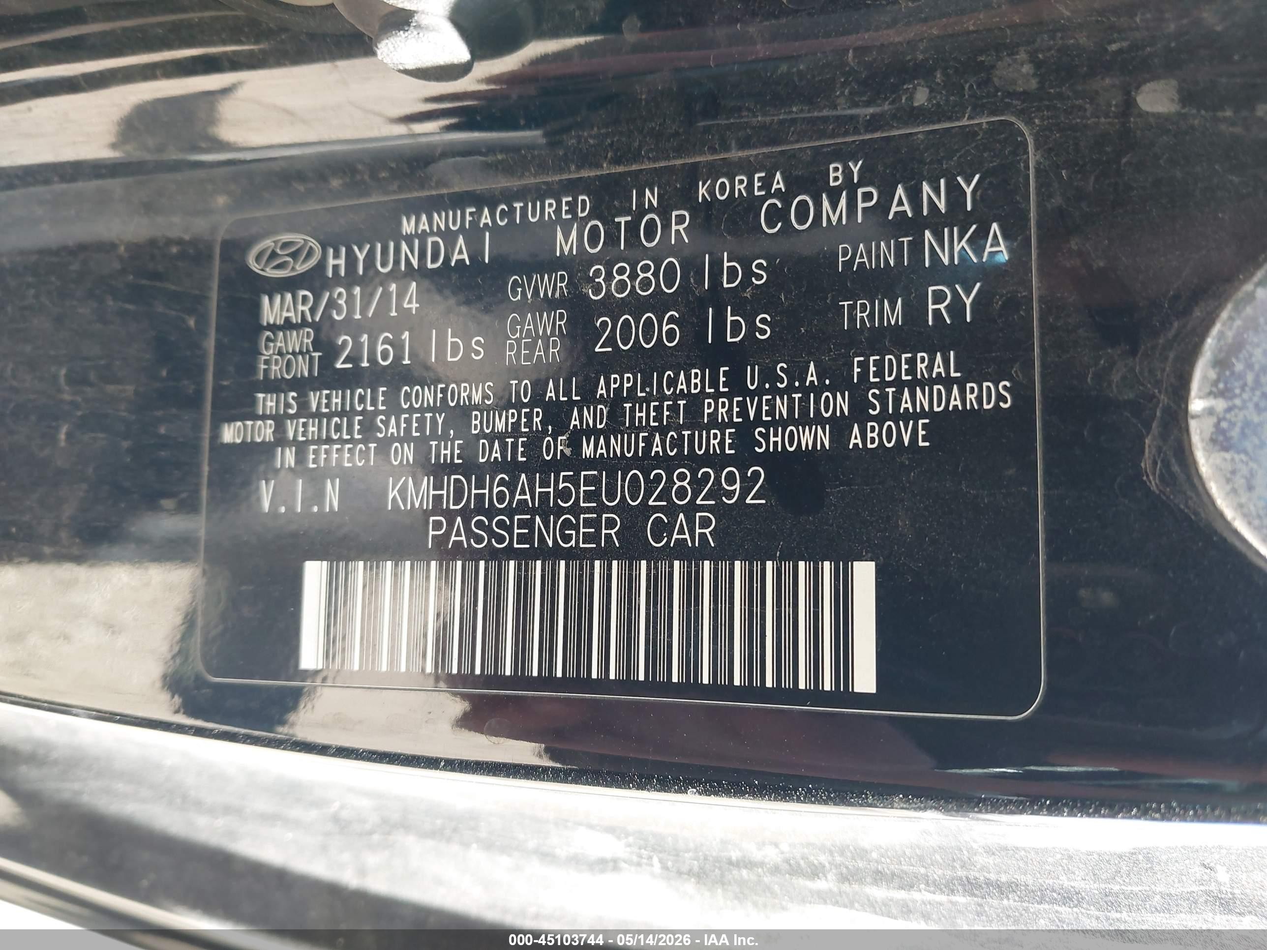 2014 Hyundai Elantra   Black vin: KMHDH6AH5EU028292